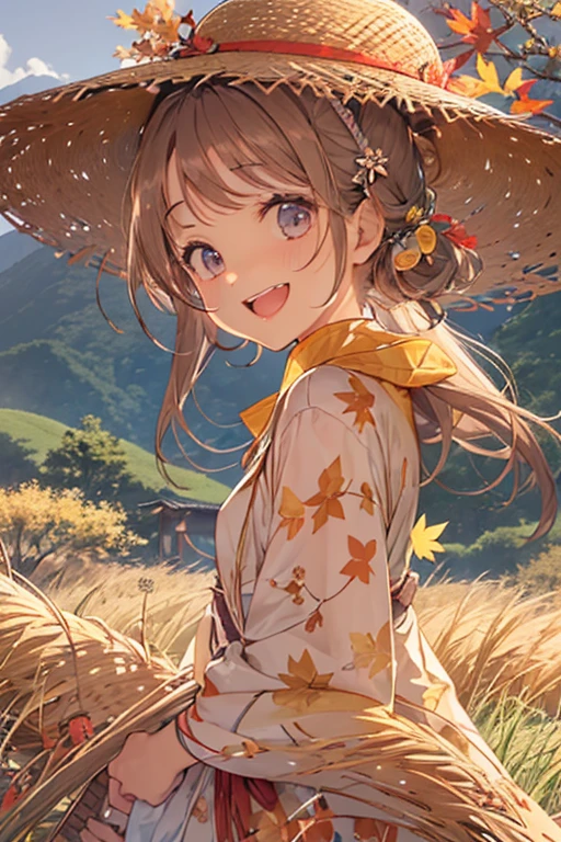 Japanese countryside scenery、A woman is in the rice field、A woman holds a bundle of rice with both hands、smile、Himiko、anatomically correct、Golden fields spread out all over、The ground of the rice field is dry。Fully ripened golden ears of rice、Mountains with autumn leaves in the distance、clear autumn sky、