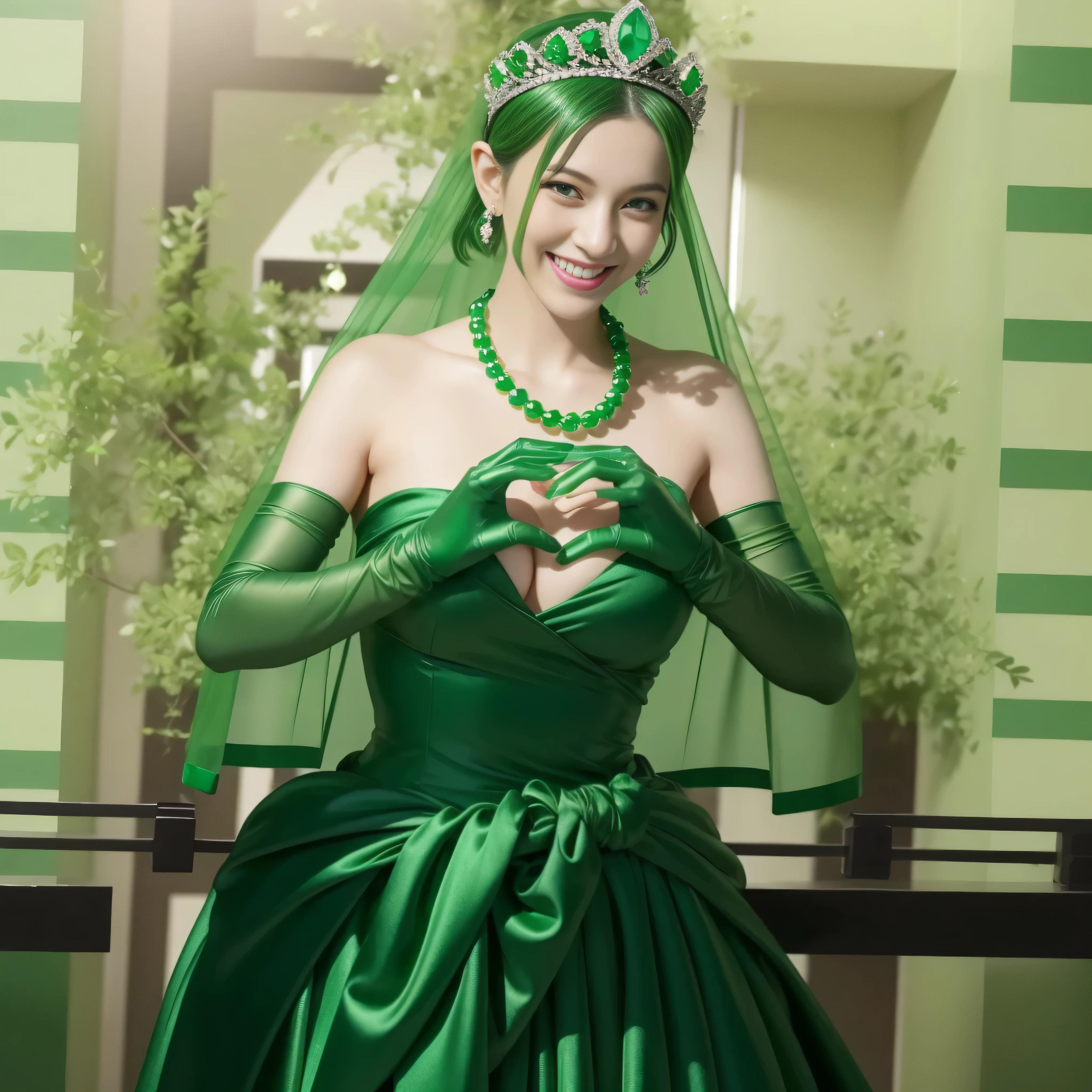 emerald tiara, Green Pearl Necklace, Boyish green berry short hair, lipstick, smiling Japanese woman, very short hair, big breasts beautiful, green eyes, green satin long gloves, green eyes, v sign, emerald earrings, Green veil, green lip gloss,
