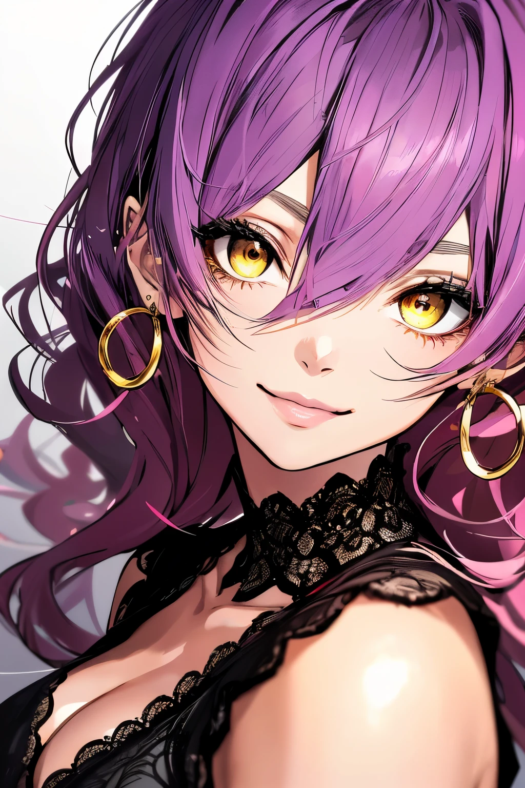 (Best Quality,masutepiece:1.2),(Anime style,Comic Core:1.1),Upper body,Adorable,extremely detailed eye,extra detailed face,very detail hair,8K,resolution, Semi-realistic anime portrait, 1woman, ((yellow doe eyes)), purple hair, long hair, wavy hair, swept bangs, pretty eyes, juicy lips, black modern lace croptop, round earrings and rings, pretty face of makeup, red eye shadow, doll-like face, fake bright smile, popular party girl, shadow casting over eyes