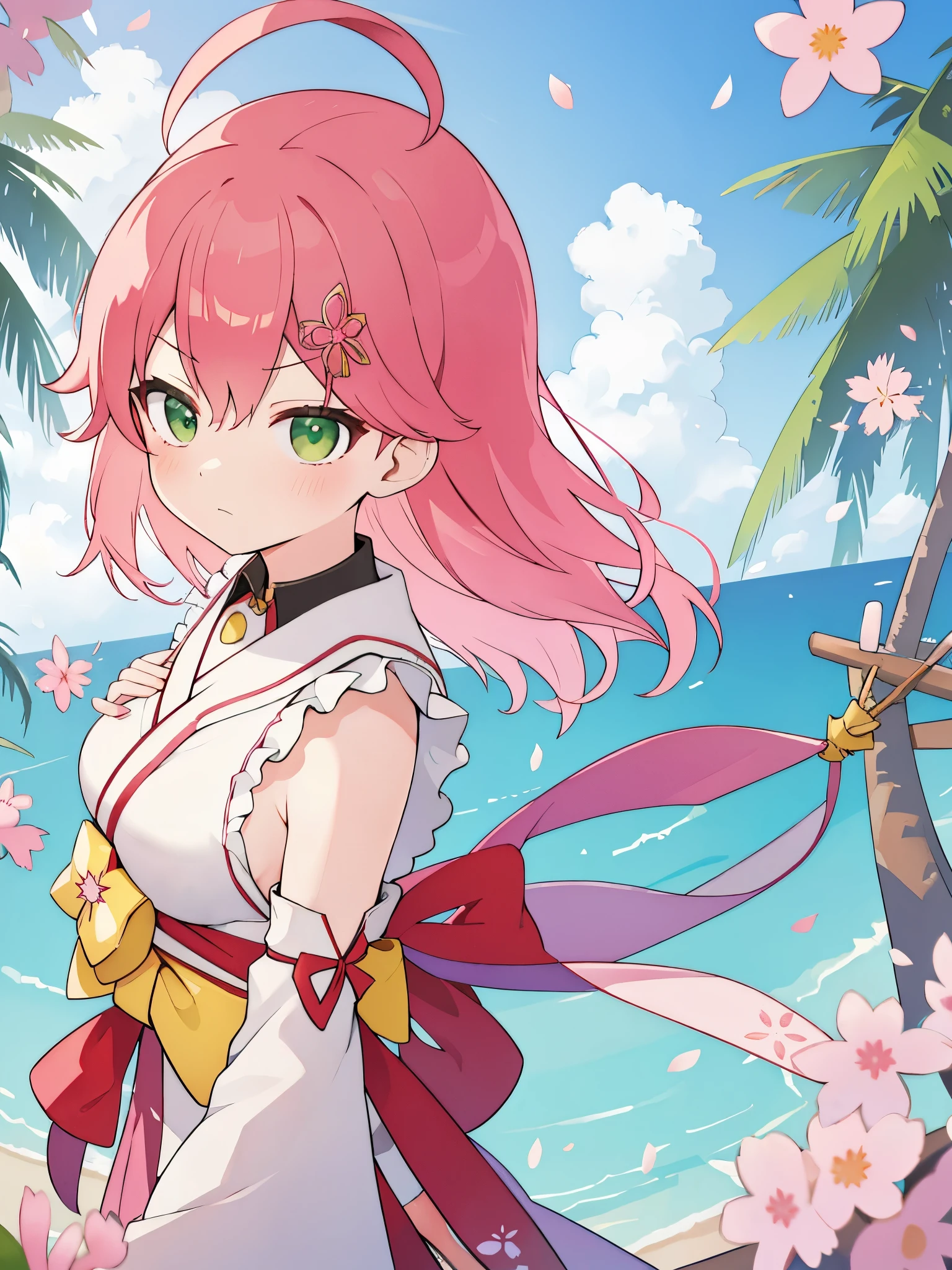 Sakura miko, hololive, pinkish red hair, green eyes, blush , ((angry face)), beautiful eyes, detailed eyes, 4k, masterpiece, upper body, front angle, front view, colorful, medium breasts, cute face, cute expression,