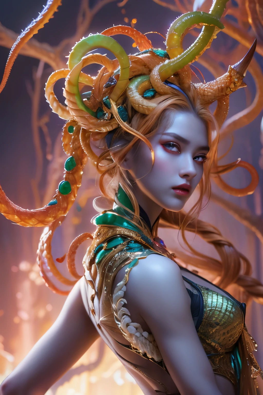 (1 female medusa-like mutant: 1.2), With a beautiful, enchanting face, this alien seduces us with her allure. Her captivating red eyes gleam brightly, reminiscent of burning embers. Her full body is unlike any human's, boasting a sexy, otherworldly form. No humans are present in this scene as she stands alone, her cells fused in a unique and intriguing extraterrestrial way.
(extraordinary beautiful nude photo:1.4), (glowing jade eyes:1.5), (sexy and glamorous:1.1), (coquettish expression:1.2), toned lean body, (muscular:1.2), (beautiful abs:1.5), beautiful nipples,  She has lots of iridescent translucent tentacles instead of her hair, pale skin, (white skin with prominent veins:1.3), moist skin,
Lots of iridescent translucent tentacles adorn her body, shimmering under the dramatic lighting. Her pale skin, with a hint of translucency, adds to her ethereal allure. This masterpiece, rendered in