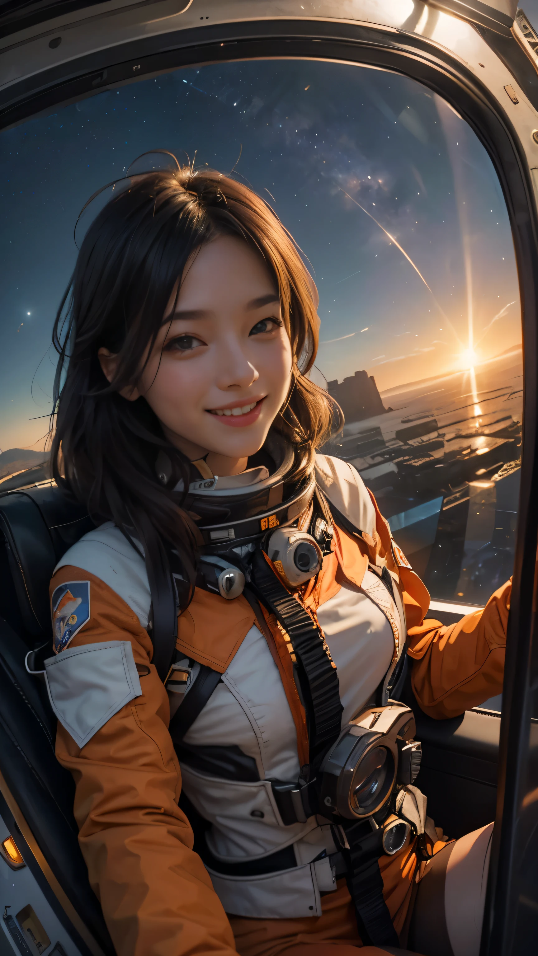 xxmixgirl,1girl, fisheye, selfie, wind, messy hair, sunset,smiling,FilmGirl, Generate a lively and enchanting scene portraying a girl with flowing hair, radiating joy in a orange spacesuit. Picture her inside a futuristic spacecraft, capturing a moment of pure enthusiasm as she takes a selfie. planet mercury and huge sun visible in the background. The spacecraft's interior is sleek and modern, adorned with high-tech elements and large windows that offer breathtaking view of planet mercury from space in vast expanse of space galaxy, The girl's genuine smile reflects her excitement as she embarks on a journey to venus, showcasing the adventurous spirit of space exploration, orange space suit