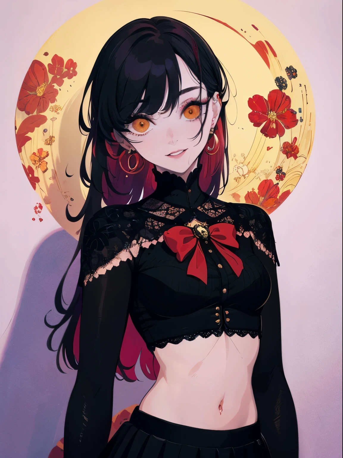 masterpiece, best quality, intricately detailed, a woman, beautiful, elegant, smile, blood, iridescent long hair, bangs, bow, hair bow, skirt, shirt, long sleeves, frills, shoes, bowtie, (red and black:1.4), flower, creepy, horror, skulls, Semi-realistic anime portrait, 1woman, ((yellow doe eyes)), purple hair, long hair, wavy hair, swept bangs, pretty eyes, juicy lips, black modern lace croptop, round earrings and rings, pretty face of makeup, red eye shadow, doll-like face, fake bright smile, popular party girl, shadow casting over eyes