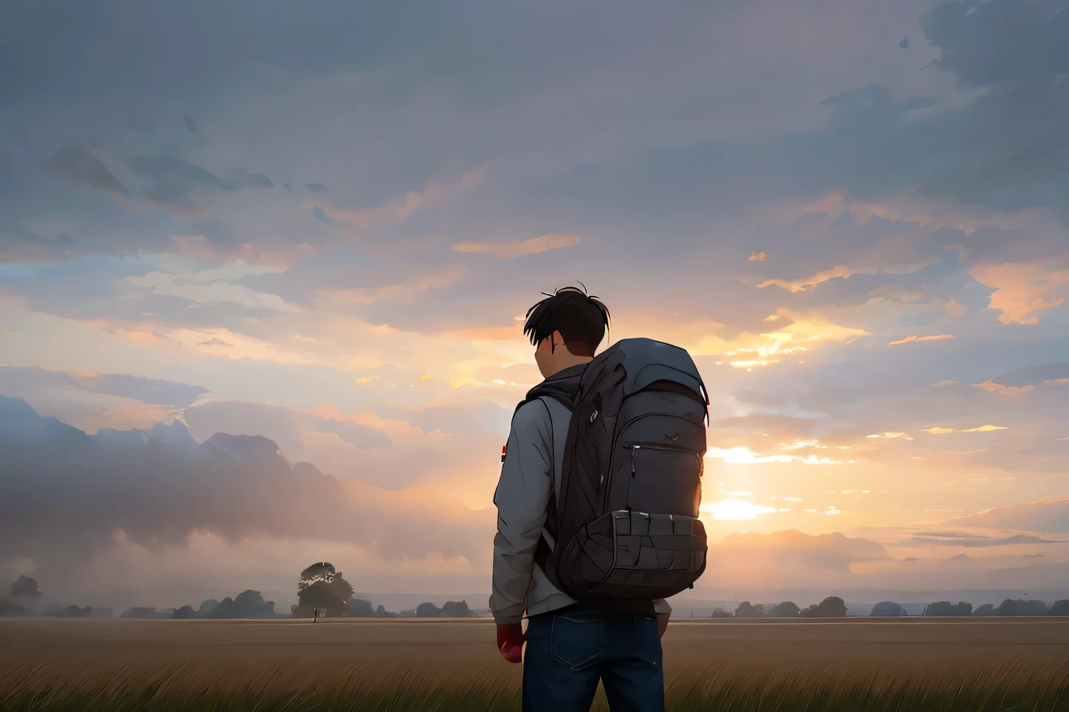 cloudy sky, field, dull colors, fog, in the foreground are two boys with backpacks on their backs, one Asian, another brunette, manhwa style
