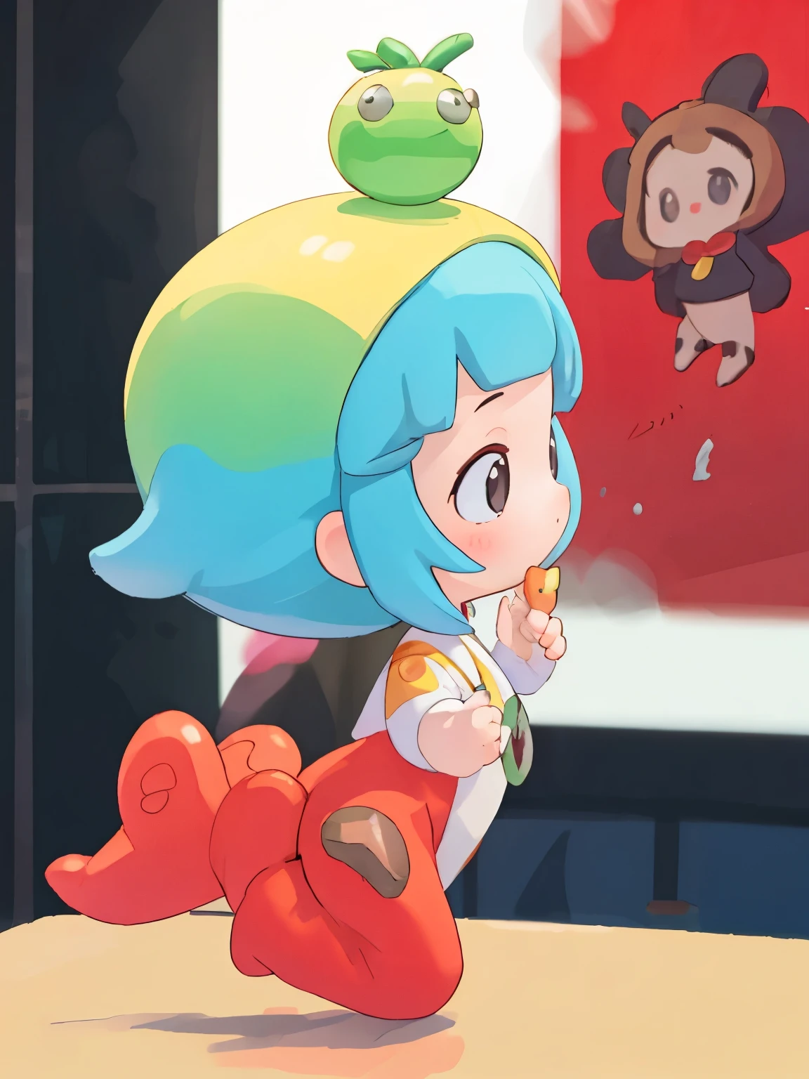 blindbox、Chibi girl acting on stage、wearing a cute fruit costume、action、jump、Take a photo from the side