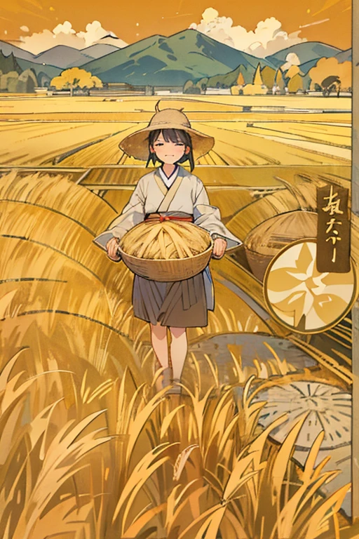 Japanese countryside scenery、A woman is in the rice field、A woman holds a bundle of rice with both hands、smile、Himiko、anatomically correct、Golden fields spread out all over、The ground of the rice field is dry。Fully ripened golden ears of rice、Mountains with autumn leaves in the distance、clear autumn sky、