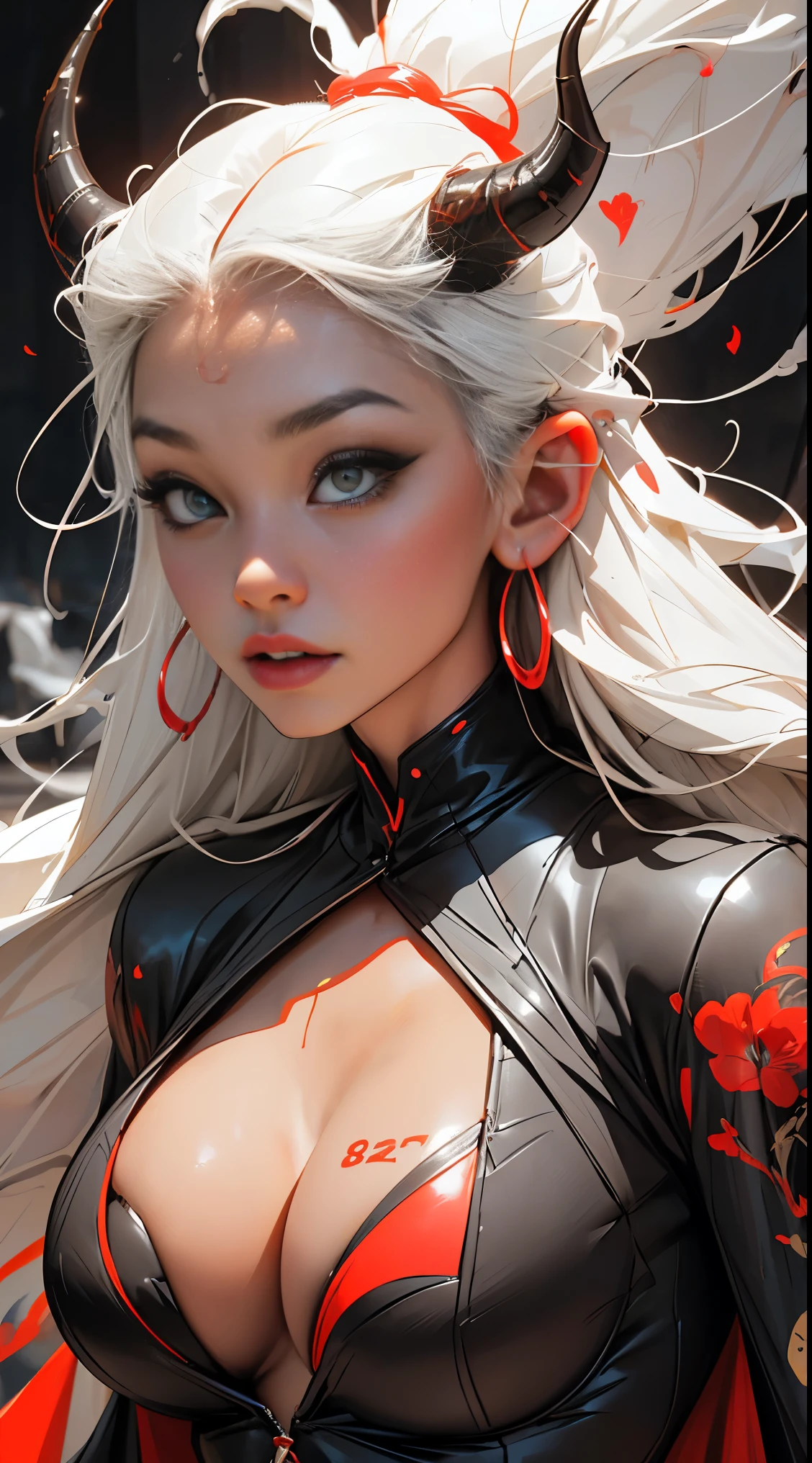 (masterpiece, top quality, best quality, official art, beautiful, cosmic, atmospheric, psychedelic, dreamlike and aesthetic, swirling psychedelic cosmic graffiti patterns:1.2), (demon girl, oni horns), extreme detailed,(fractal art:1.3),colorful,highest detailed, "(Best Quality, 8K, 32K, masutepiece:1.3), Ultra-detailed, (Photorealistic:1.4), red black and white colors, perfect color scheme, albino, demon goddess Girl, Detailed moonlight eyes, full body portrait, very long luxurious platinum white hair, super huge enormously gigantic tits, cleavage showing, Avant-garde makeup, Numerous piercings, Heavily tattooed body, cherry blossoms and butterflies blowing in the wind, swirling psychedelic cosmic dreamlike graffiti pattern background 