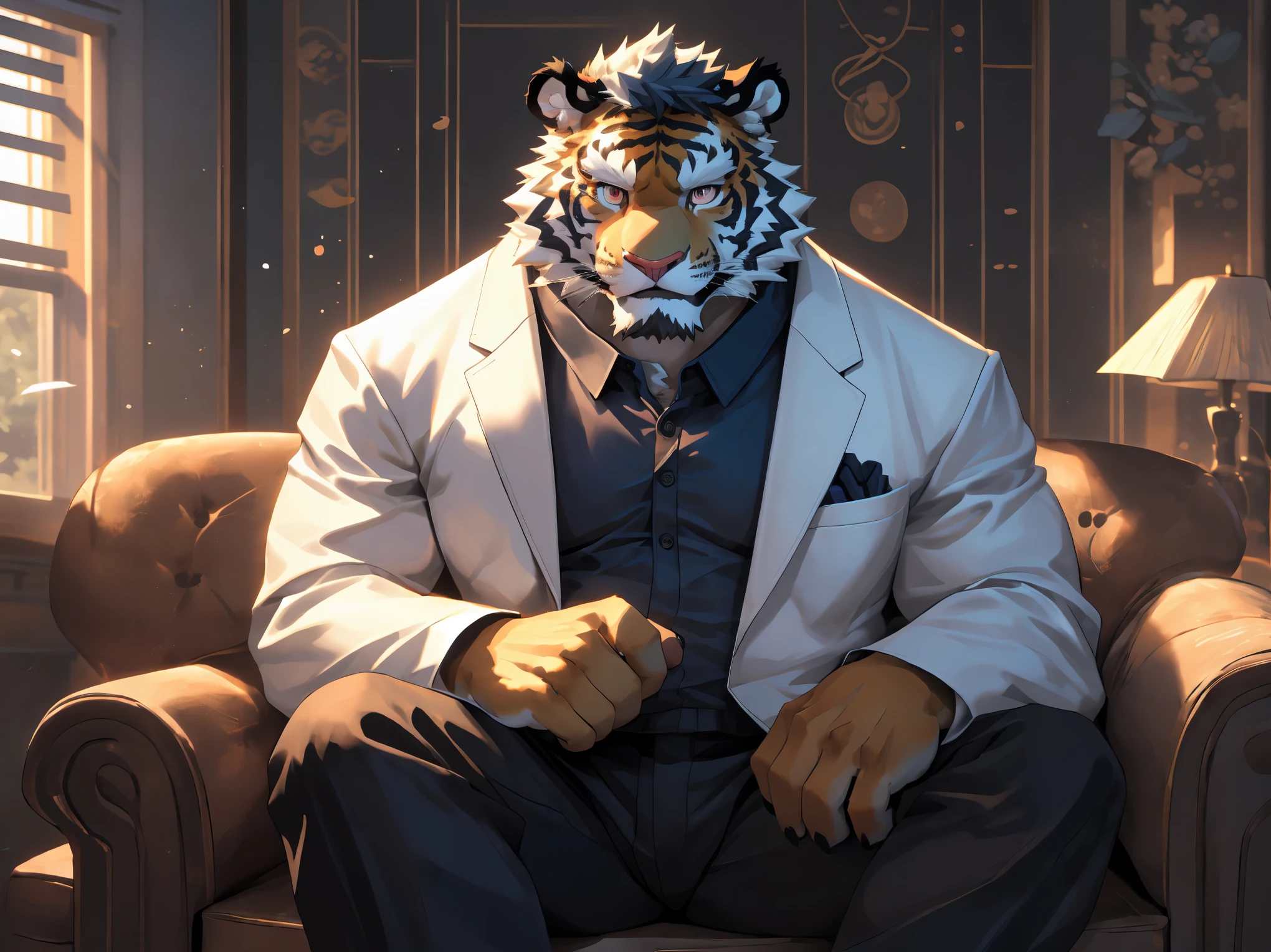 Cartoon,(disney),anime character with tiger, tiger_beast, Firmware version,high resolution committee,((tiger)), gigachad muscular, only,anthropomorphic tiger, muscular character, Kushat Konzi, super detailed!!, beefy, body committee, Full body details are very rich,16k,(Full white suit body:1.4),(The two eyes are not the same color，Pupils of different colors:1.5),HD,(colored hair,Eyebrow:1.3),(Aloof:1.5),(Sitting on the sofa:1.3),(The eyes are haughty:1.5),(dick:1.1),solo,Sitting on the sofa,(Facial detail drawing:1.5),(white tiger tail),(white face pattern),(front view),(Modern luxury decorative background:1.3),(living room:1.3),(Perfect body proportions:1.3),(back wall window;1.3),(Looking at you with a sneer),(Close up:1.2),(Half body:1.5),(Various shades),(Sneer:1.6),(middle aged:1.2),(30 years old),(8k, 4k, best quality, highres:1.1),(masterpiece),(best quality:1.2),[:intricate details:0.2],((beautiful detailed eyes)),(detailed light),depth of field,masterpiece,high quality,best quality,beautiful,perfect lighting,detailed face,detailed body,(illustration),detailed,highly 