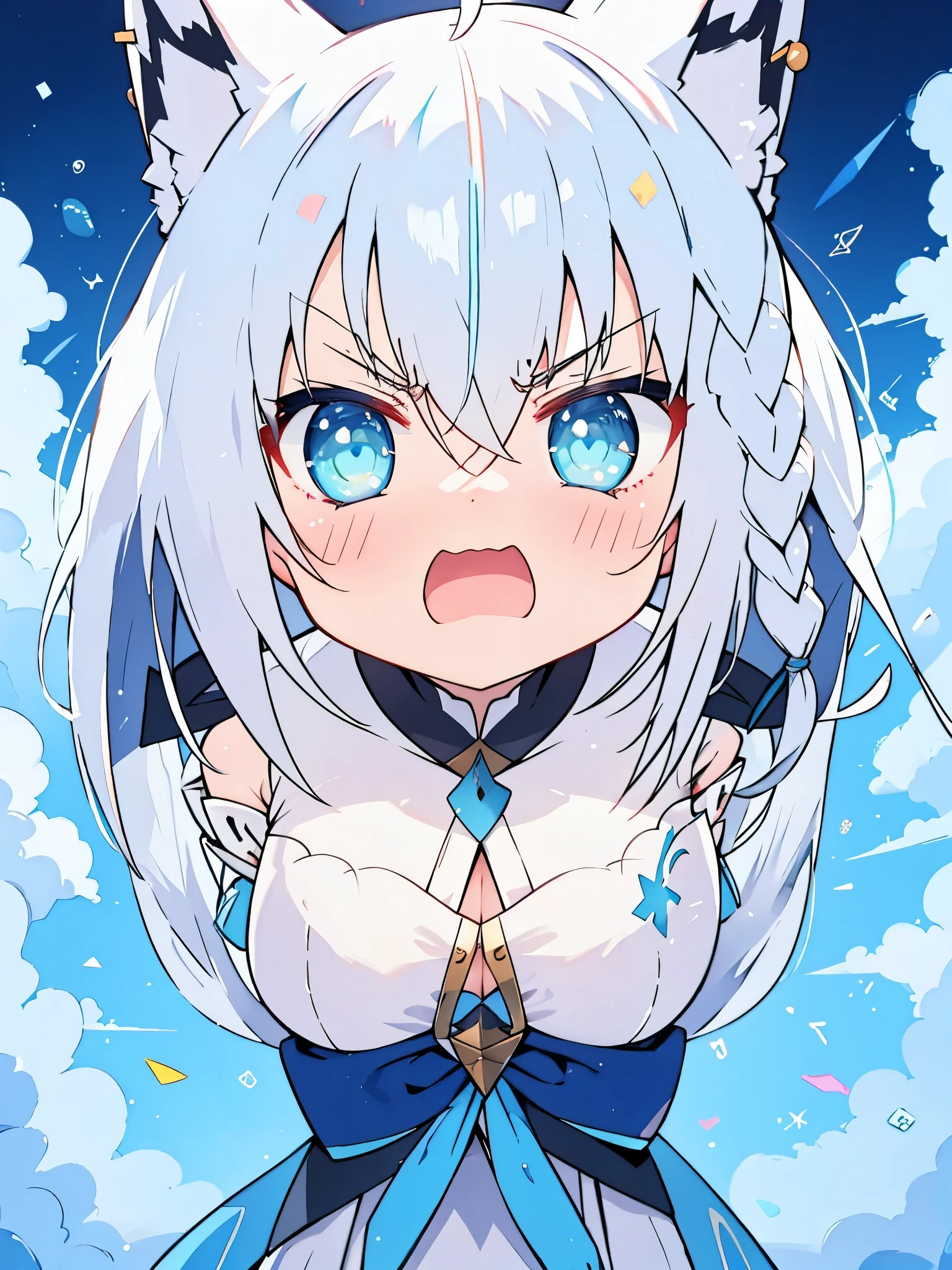 Shirakami fubuki, hololive, white hair, cyan eyes, blush , ((angry face)), beautiful eyes, detailed eyes, 4k, masterpiece, upper body, front angle, front view, colorful, medium breasts, cute face, cute expression,