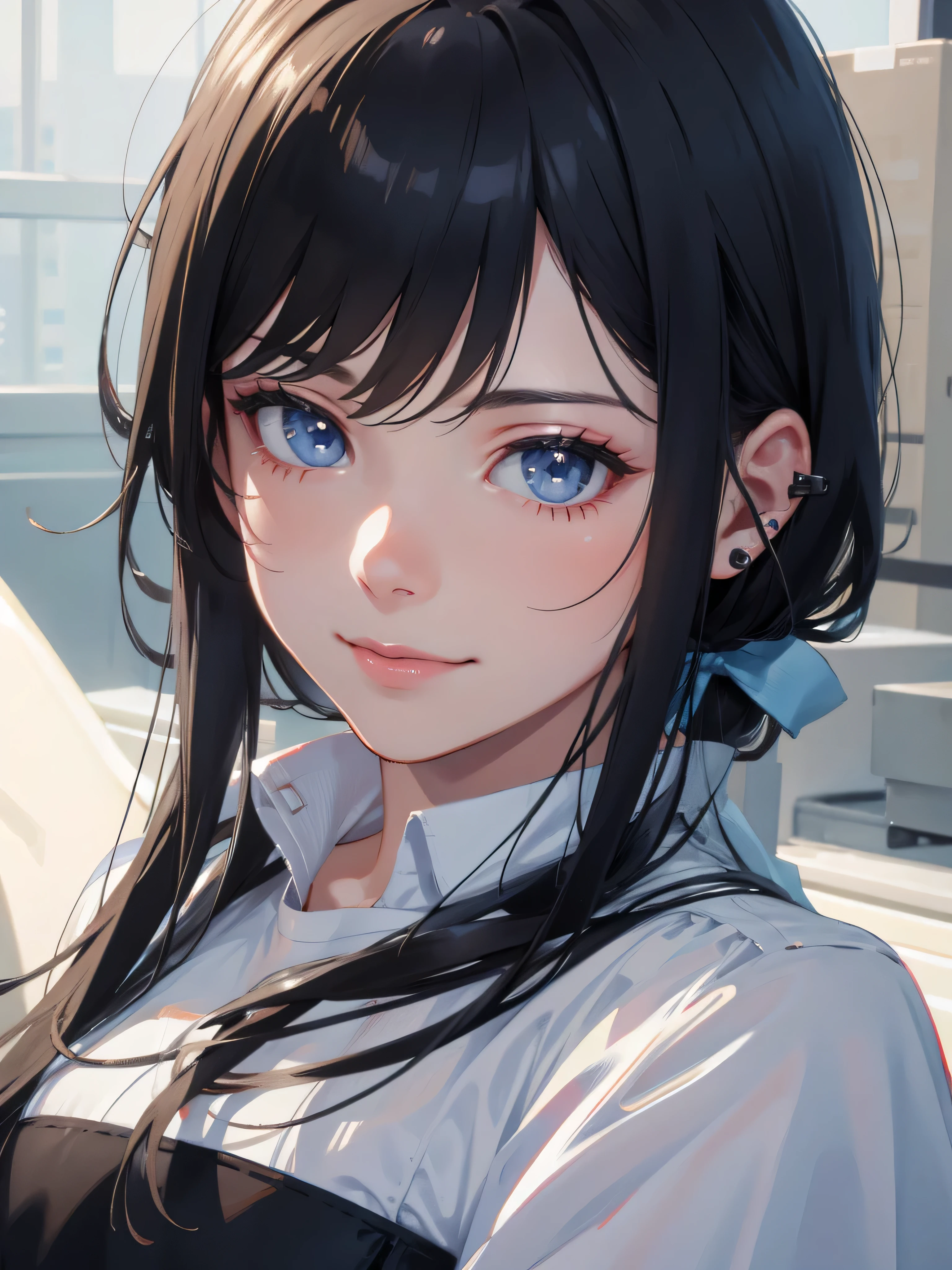 (RAW photo:1.2),(realistic:1.4),(masterpiece:1.3),(highest quality:1.4),ultra high resolution, HDR,8K resolution, dream-like, Check comments,comment request,scenery,((no text)), focus only, (fine eyes),(detailed facial features), (Detailed clothing characteristics), perfect for your skin, (shiny skin),(thin),(slim),(beautiful face), 1 boy, virtual girl ren, young, bangs,black hair, blue eyes,ear studs, loose shirt, smile, shyly,cute, look straight into the camera,