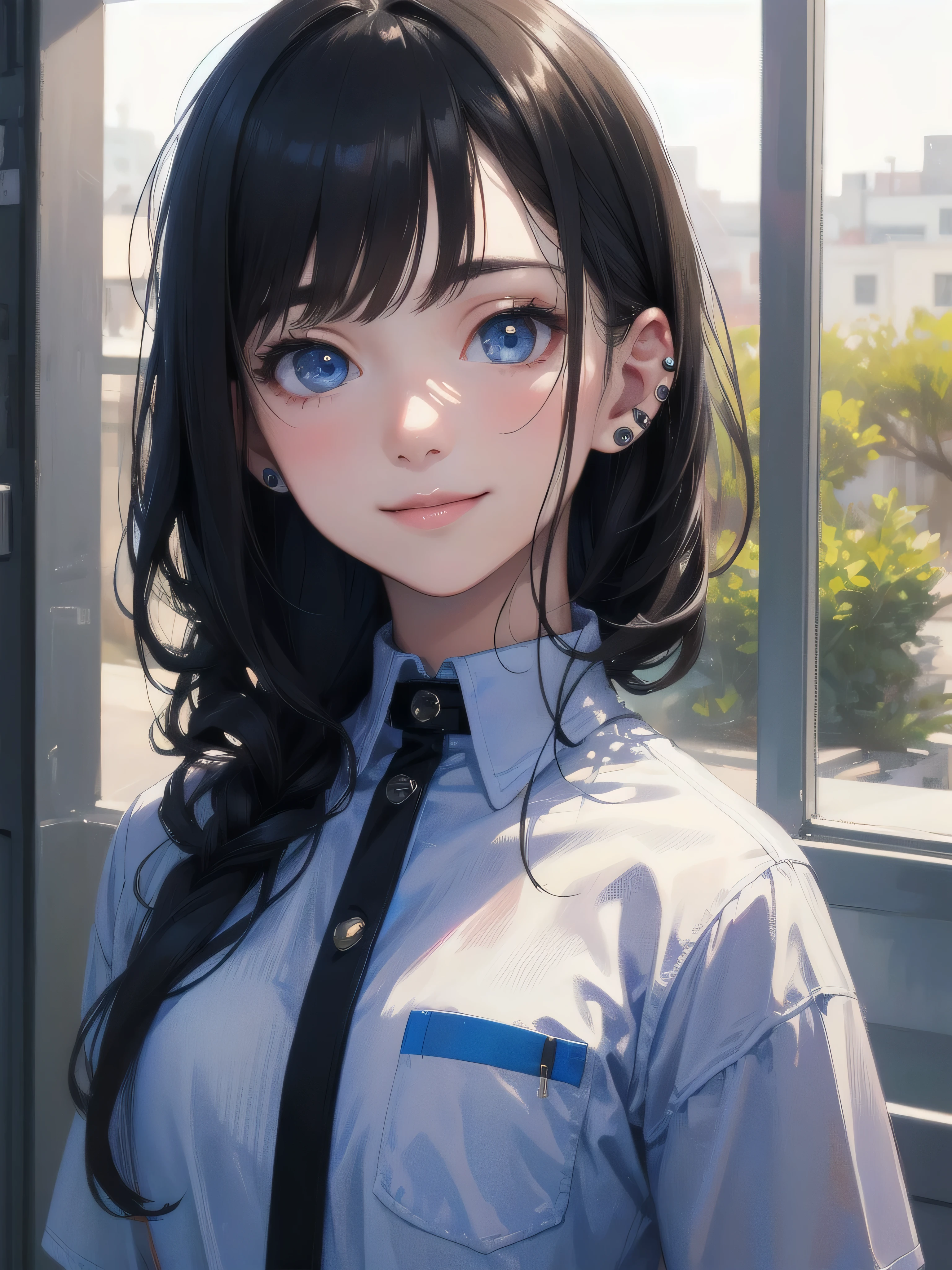 (RAW photo:1.2),(realistic:1.4),(masterpiece:1.3),(highest quality:1.4),ultra high resolution, HDR,8K resolution, dream-like, Check comments,comment request,scenery,((no text)), focus only, (fine eyes),(detailed facial features), (Detailed clothing characteristics), perfect for your skin, (shiny skin),(thin),(slim),(beautiful face), 1 boy, virtual girl ren, young, bangs,black hair, blue eyes,ear studs, loose shirt, smile, shyly,cute, look straight into the camera,