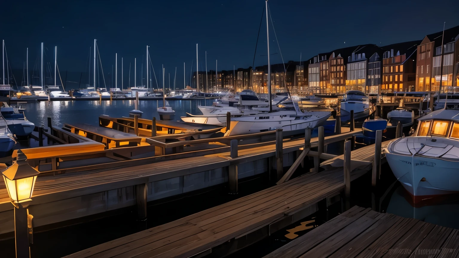 Harbor at Night: Boats gently bobbing in a harbor under the soft glow of harbor lights, with reflections shimmering on the water's surface.