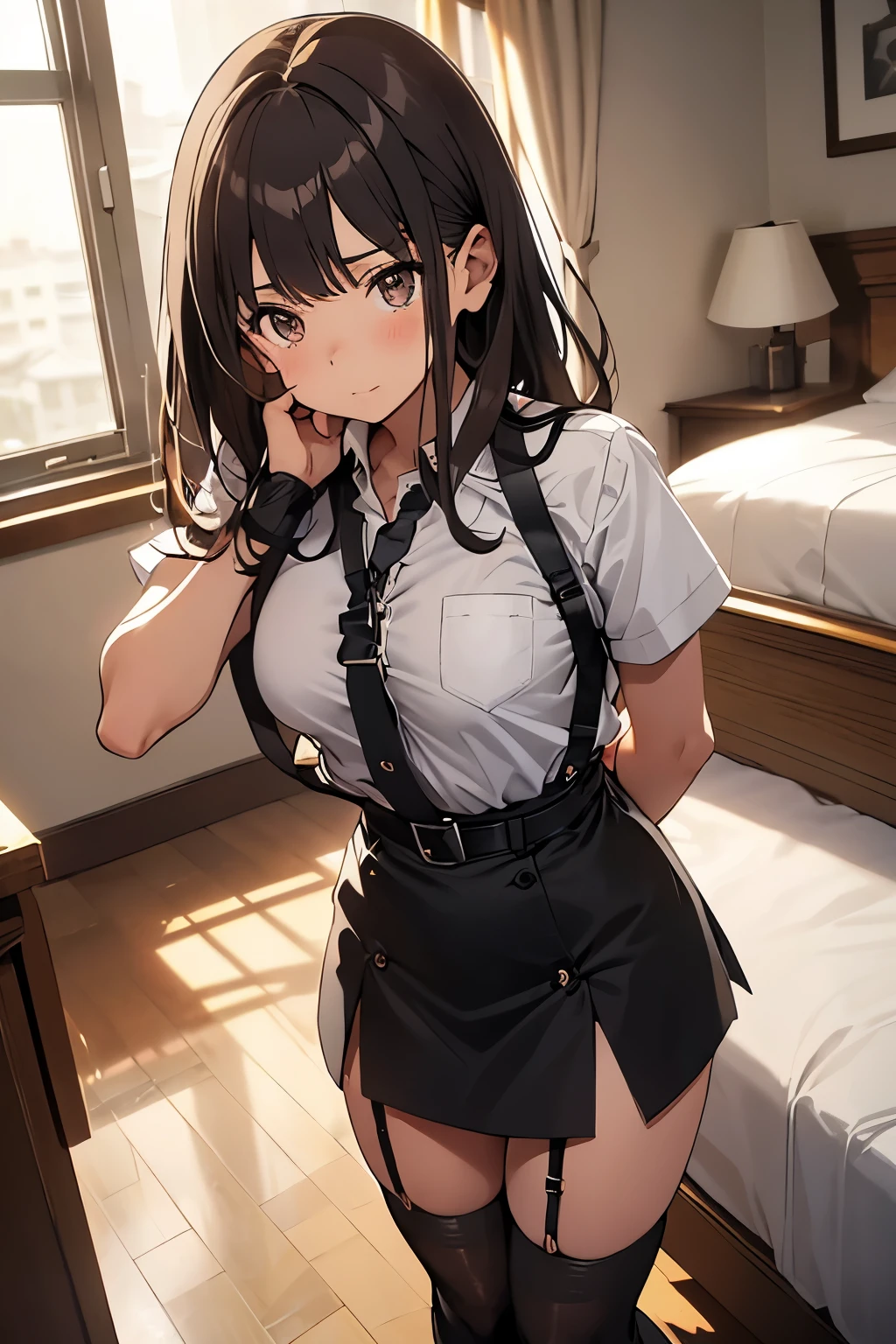 brown hair、looking at the viewer suspenders big swollen breasts black mini skirt garter belt knee high socks Aerial perspective small face bangs Beauty hands up sideways view black boots provocation one person cutter shirt hands behind put your hands behind your back Hands behind your back With your hands behind your back armed holster Belt Garter Bell Black Gloves with Holes A Hotel Room Bed wall side