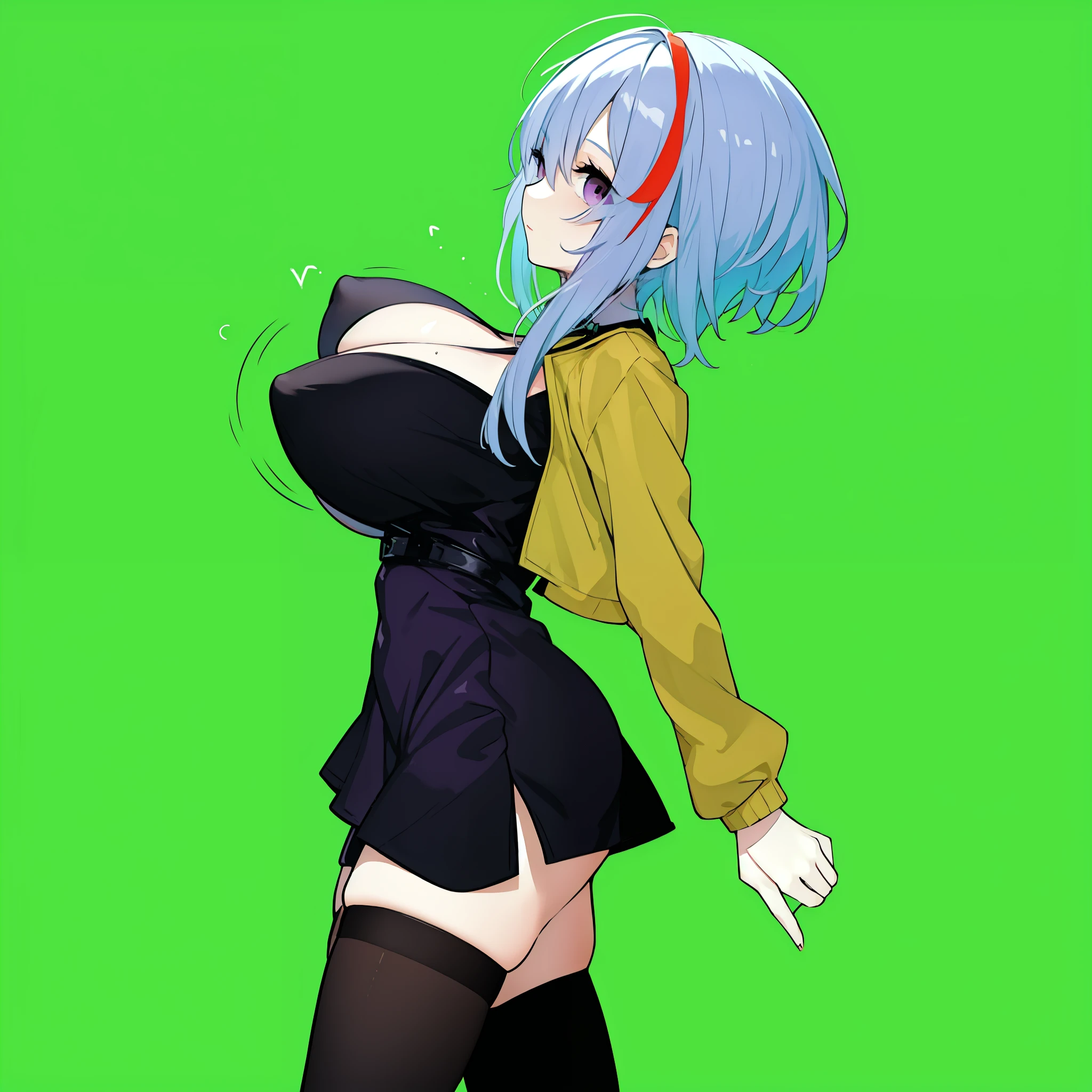 1 skinny girl, solo, light blue hair, BREAK, (dark purple eye:1.4), bending back, looking at viewer, BREAK, black plunging neckline short dress, dark yellow cropped jacket, black thighhighs, BREAK, (bouncing unaligned huge breasts:1.5), cleavage, very short torso, (inconceivably narrow waist), thin long legs, BREAK, (show off crotch:1.4), BREAK, strong wind