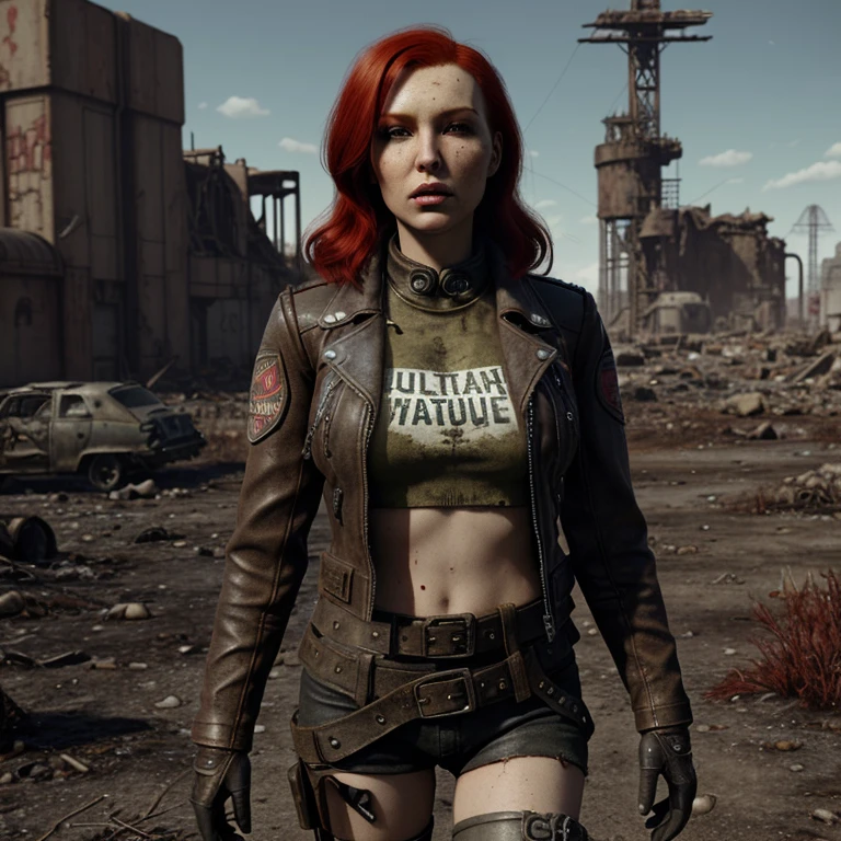 wasteland outlaw, red hair, black leather jacket, topic, patches, retrofuturism, fallout, post civilization world, ruines of civilization