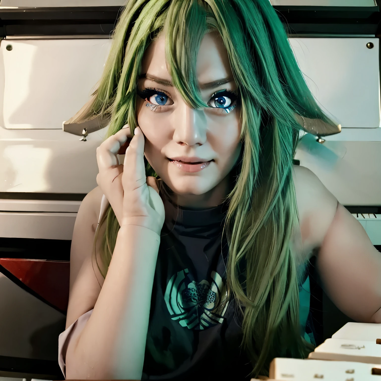 green hair, girl, cute, beautiful, blue eyes, panicked facial expression, playing the piano, competing, long hair
