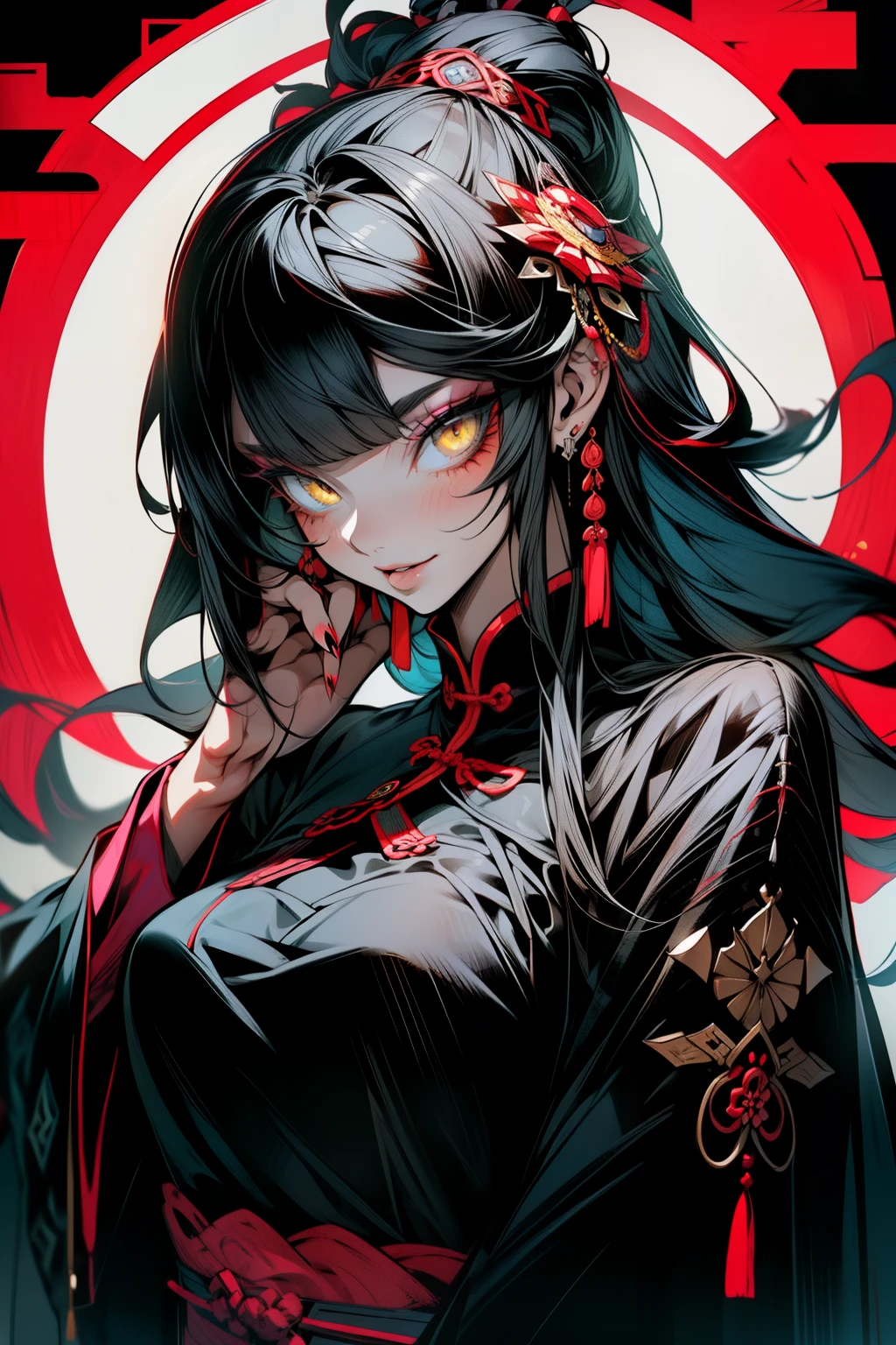 Chinese Gothic Punk、JIANGSHI style,Daughter of the Chinese emperor、Overwhelming intimidation、Emitting majesty from the whole body、Put your hands in your sleeves,(Comic Noir Style),(linear art_Anime),(solid color_highcontrast),(masutepiece, Best Quality, ),(Laura Bad Picture:1.2),(Lora Add Details:1.2),8K, Flat color:1.2,1girl in,JIANGSHI QUEEN SITTING ON A CRIMSON THRONE WEARING A HEAVY CLOAK,JIANGSHI,BEAUTY JIANGSHI、Very long hair、Chinese Opera style makeup,Luxurious costume with beautiful embroidery_Dragon and phoenix embroidery:1.2,(lora:add more detail:1.2)Semi-realistic anime portrait, 1woman, ((yellow doe eyes)), purple hair, long hair, wavy hair, swept bangs, pretty eyes, juicy lips, black modern lace croptop, round earrings and rings, pretty face of makeup, red eye shadow, doll-like face, fake bright smile, popular party girl, shadow casting over eyes