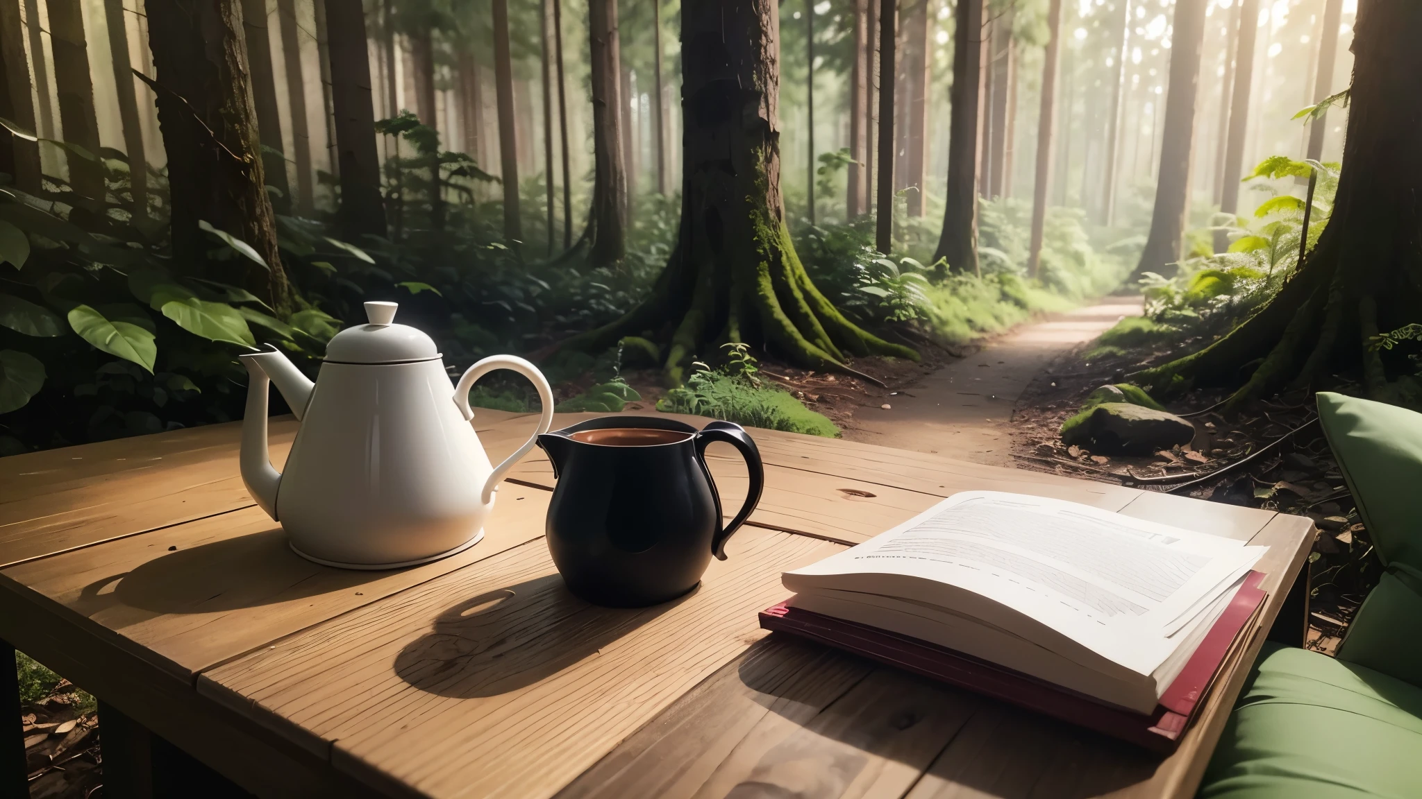 In the forest with no one、freshly brewed coffee on the table、nature