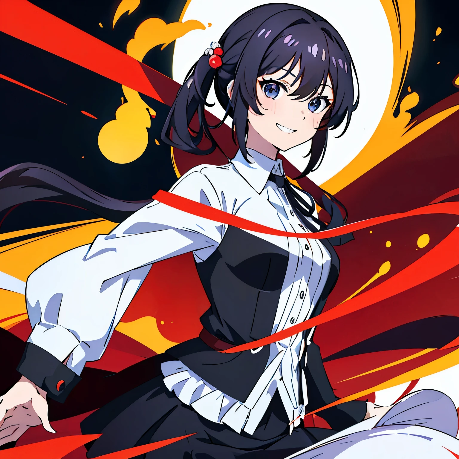 masterpiece, 1 girl, medium breasts, alone, araragi karen, suit, hair ornaments, side ponytail, black hair, looking at the viewer,, long hair, (black eye:1.1), black skirt,white shirt, grin