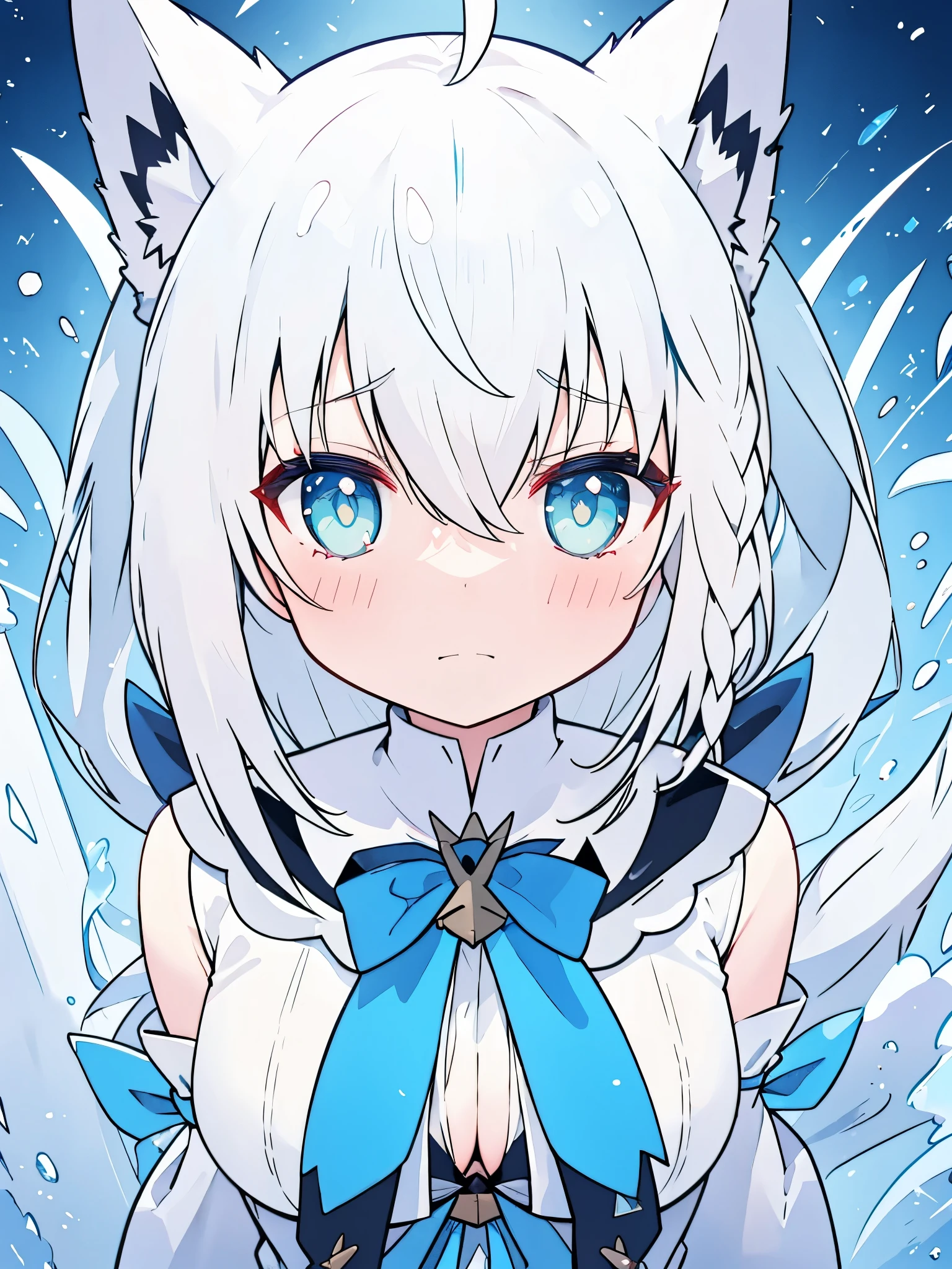 Shirakami fubuki, ho****ve, white hair, cyan eyes, blush , ((disappointed face)), beautiful eyes, detailed eyes, 4k, masterpiece, upper body, front angle, front view, colorful, medium breasts, cute face, cute expression, 