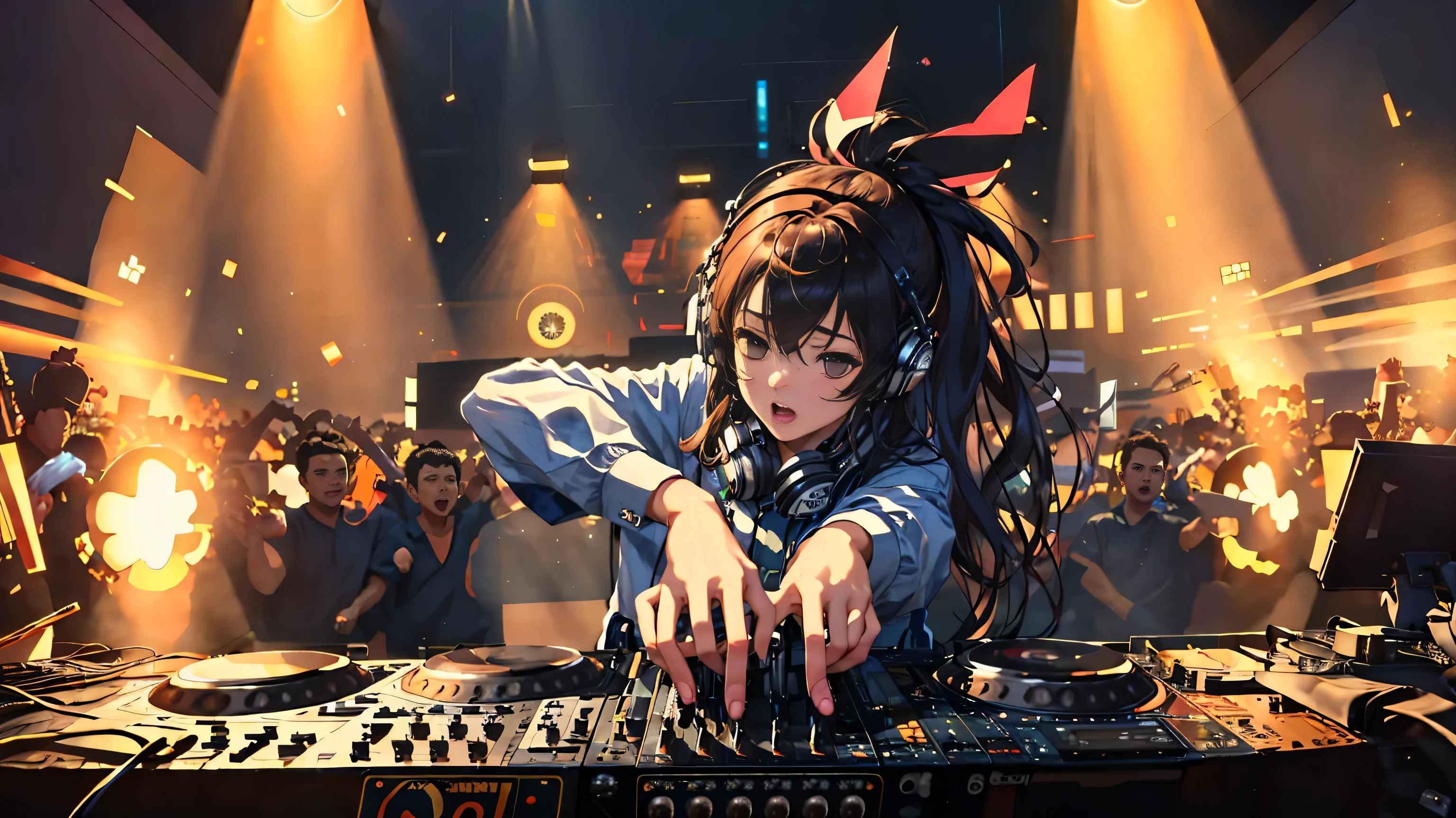 DJ, Passionate,1 girl,, (masterpiece, 最high quality, high quality, High resolution, Super detailed),enthusiastic venue,wear headphones,I can see the light of the searchlight