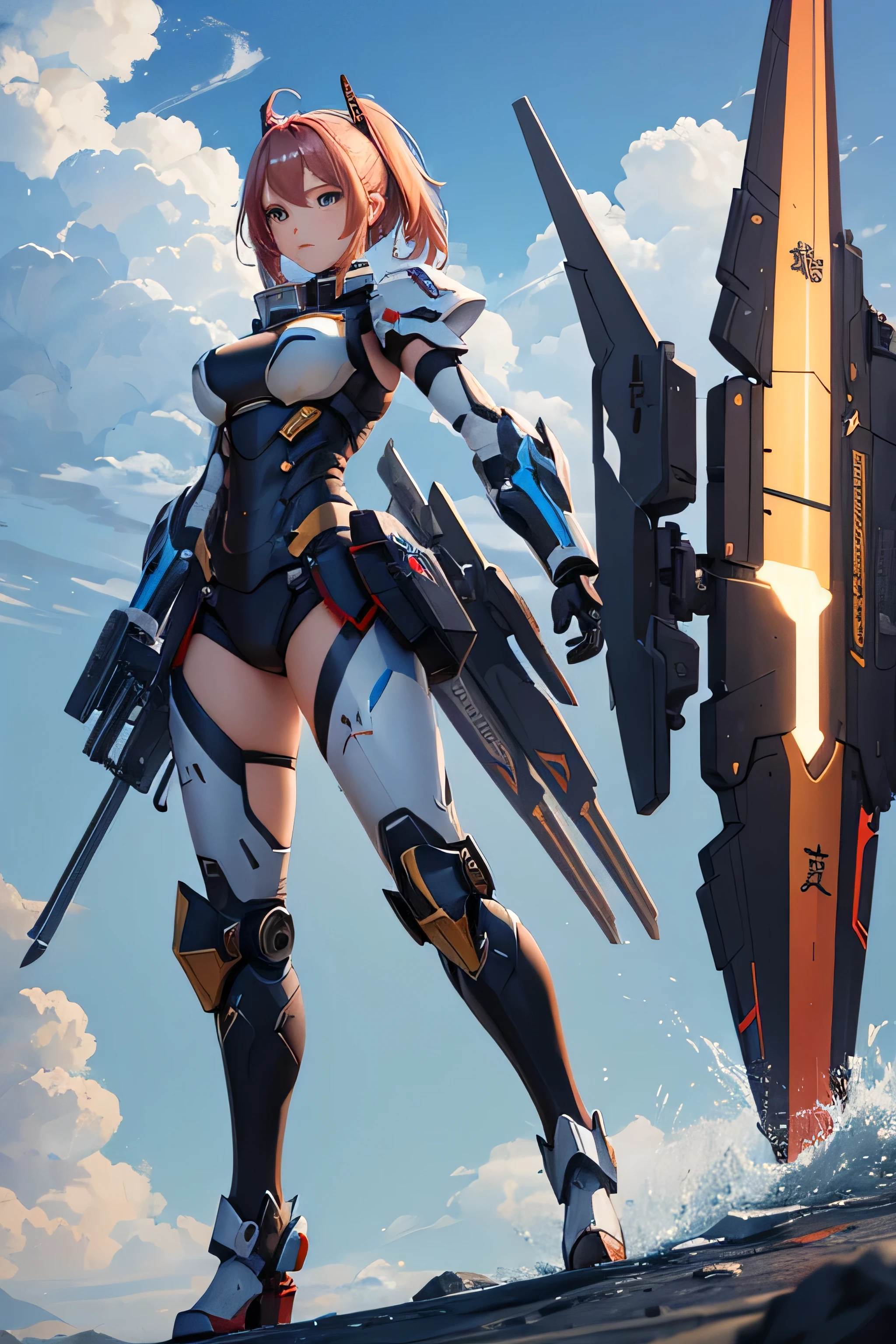 8k，HD，female warrior，Basic characteristics of ships，Mecha style，Succinct，Handsome，domineering，Chinese style，The turret is mounted on the mecha，low collar，The back side of an airplane wing acts as an airfoil，Mainly blue