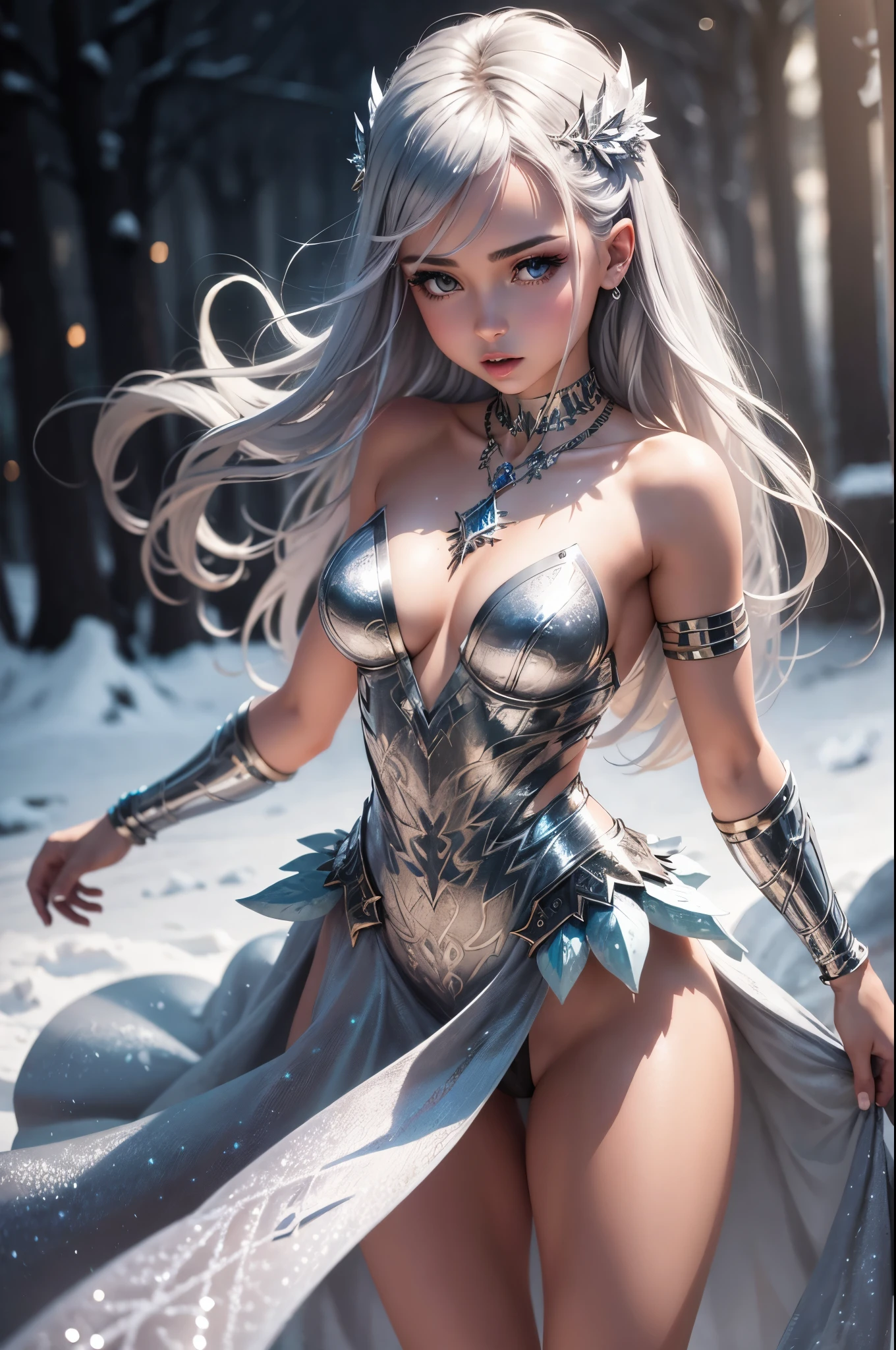 1girl,Metal wings,Fairy, crystal,jewels,dance, depth of field,Best Quality, ultra detail, masterpiece, wallpaper, fashion, winter, snow, snow scene, Snowflake, lipstick, Tall Girl, Dark Light, Tyndall effect, 1 girl, Solo, dynamic pose, watch audience, shiny skin, (hair trim), tight, self-help, necklace, jewelry, gray, orgdress