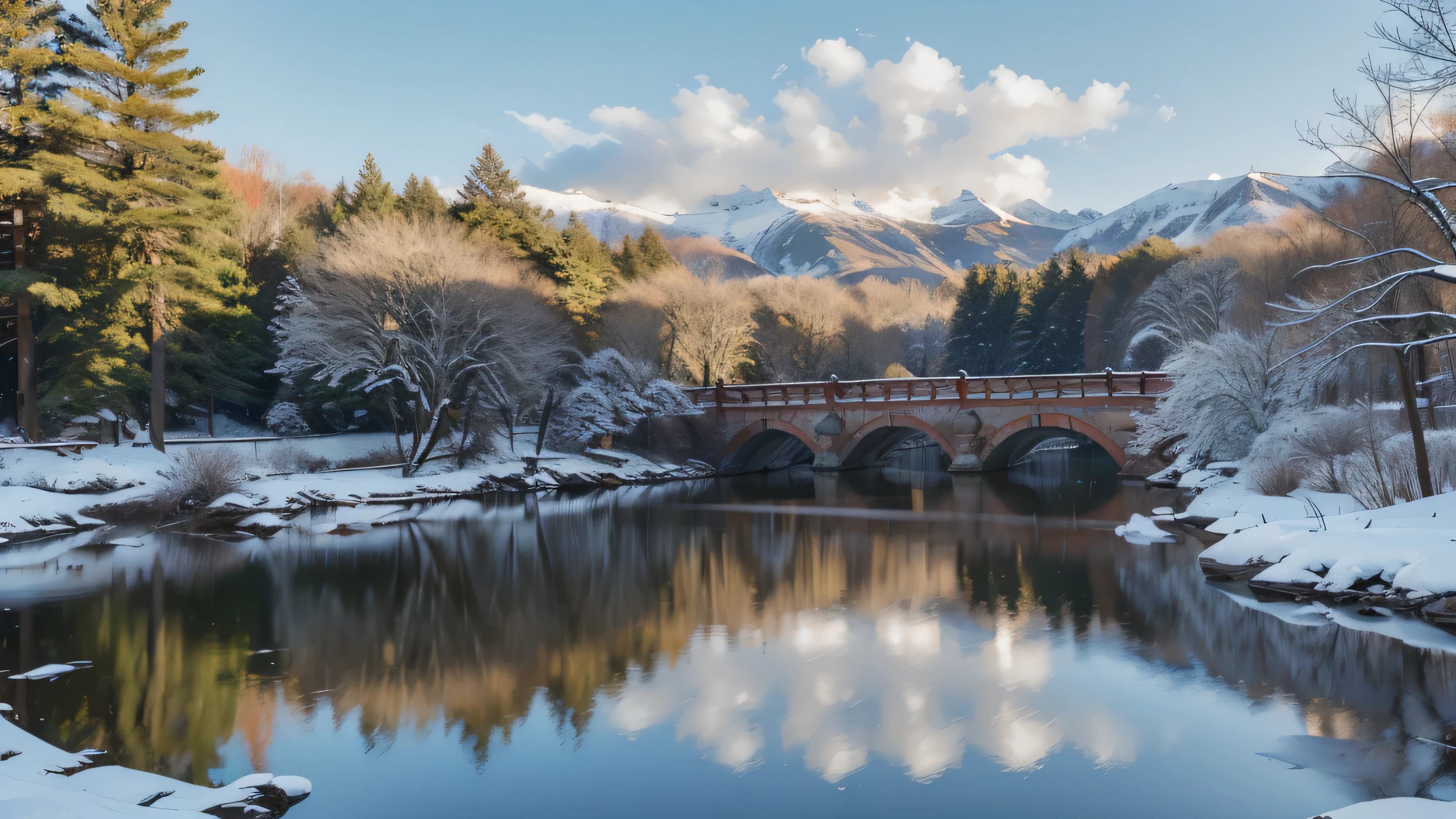 Snowing day,willow,Bridgeside,Walking people,natural scenery,top quality, best quality,extremely fine details,colorful, highest detail,Clear picture, high resolution,32k, (lifelike:1.4),rendering,,masterpiece,Pine trees,lake,arch bridge,