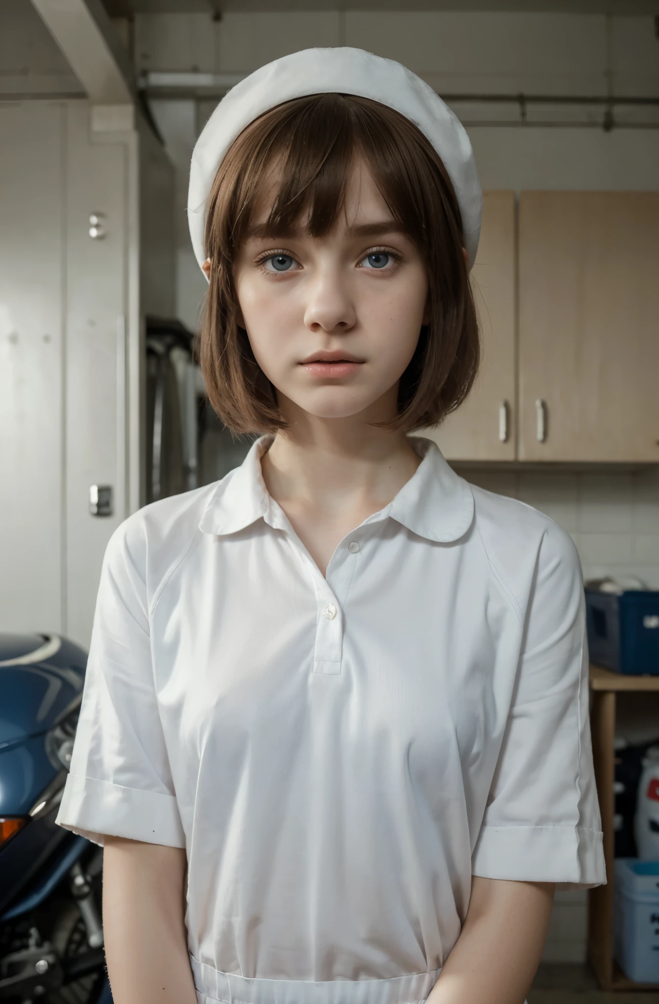 (best quality,hyper-realistic,ultra-detailed,8k), teenager, , shy, sad, paleness, big blue eyes, very white skin, small nose, short brown hair with bangs, melancholy, delicate, feminine, skinny, elegant school uniform, red coast, french hat, garage, night.