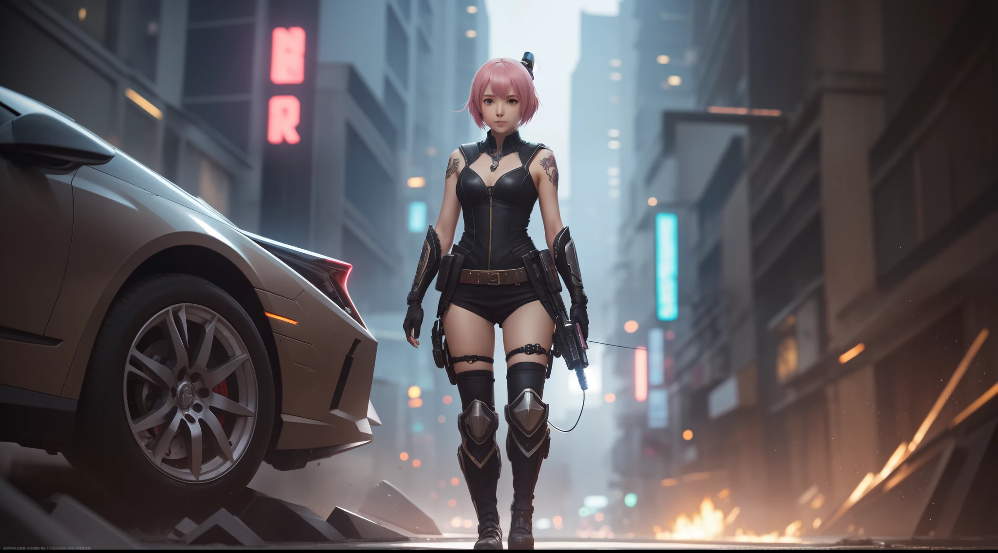 Award-winning photo from the waist up, mech punk outfits with short pink haired girl, tattooed, piercing, black leather, carbon fiber, battle status, hyper detailed, digital art, Cyberpunk style, cyberkinematic lighting, studio quality, smooth rendering, unrealistic rendering of the 5 engine, rendered octane, art style of Klimt and Nixeu and Ian Sprigger and Wlop and Krenz Cushart