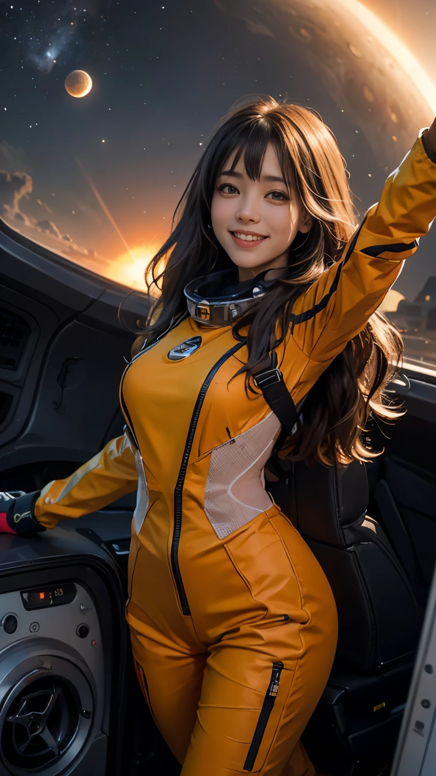 xxmixgirl,1girl, fisheye, selfie, wind, messy hair, sunset,smiling,FilmGirl, Generate a lively and enchanting scene portraying a girl with flowing hair, radiating joy in a orange spacesuit. Picture her inside a futuristic spacecraft, capturing a moment of pure enthusiasm as she takes a selfie. gray planet mercury and huge sun visible in the background. The spacecraft's interior is sleek and modern, adorned with high-tech elements and large windows that offer breathtaking view of planet mercury from space in vast expanse of space galaxy, The girl's genuine smile reflects her excitement as she embarks on a journey to amercury, showcasing the adventurous spirit of space exploration, orange space suit. show case large burning sun in background