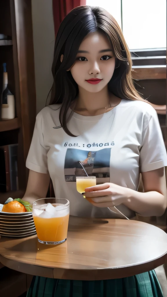 There is a woman on the table holding a glass of orange juice, short sleeves, medium shot portrait, have a drink, Korean fashion model, medium portrait, Photo 85mm, drinking cocktail, Cui Xianhua, Soda theme girl, Real shot, summer, Shin Min Jung, gorgeous lady, high quality portraits, casual clothing style