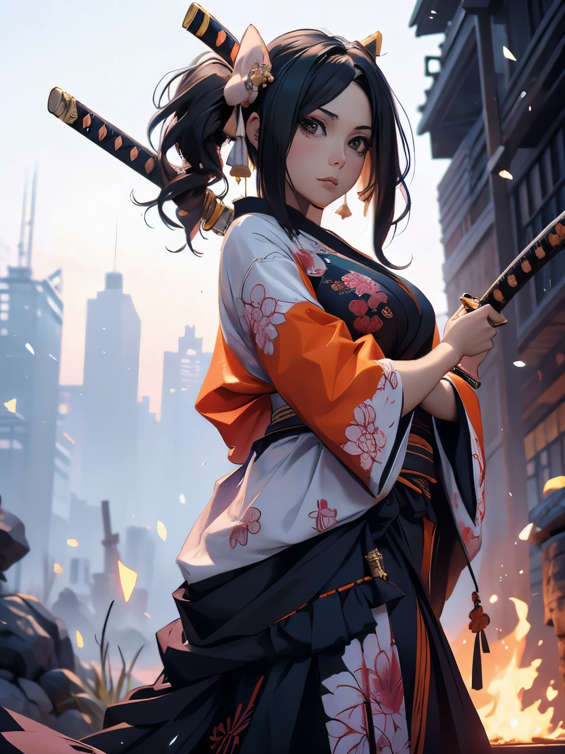 ((masterpiece)),  (high quality), 1woman, a drawing of a woman in a revealing kimono outfit holding a sword, she has long black hair, she is holding a katana sword, female samurai, inspired by Tōshūsai Sharaku, katana zero video game character, inspired by Nishikawa Sukenobu, inspired by Maki Haku, fox nobushi holding a naginata, black - haired mage