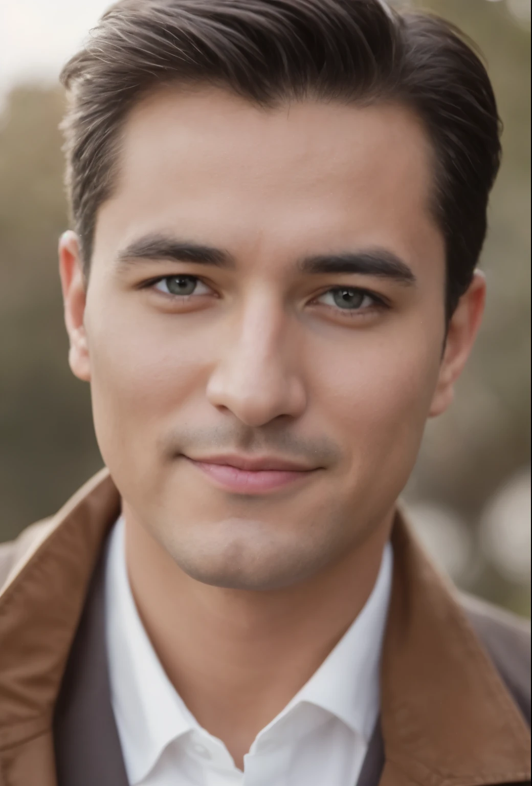Wearing a brown jacket、Alafid man in white shirt and tie, Soft portrait shot 8k, Close-up headshot portrait, cinematic headshot portrait, handsome charming face, Close-up headshot, Portrait of a person close-up, Highly detailed visual effects portraits, Attractive and good looking, Closeup professional portrait, smiling male, headshot portrait, beautiful male face, Medium close-up portrait, attractive male,, masterpiece, best quality, 8k, ultra-high definition, realistic light and shadow, footage, (mature and steady eyes: 1.1), ((mid-shot the scene is, the upper part of the body)), dynamic poses, in On a piece of green grass, a calm male god walked with steady steps. She was wearing a white jacket and black jeans. The sunlight shines through the leaves on her hair, reflecting her clear eyes and gentle smile. Colorful butterflies were flying around her and flowers were blooming at her feet, as if nature was cheering for her. Character is male