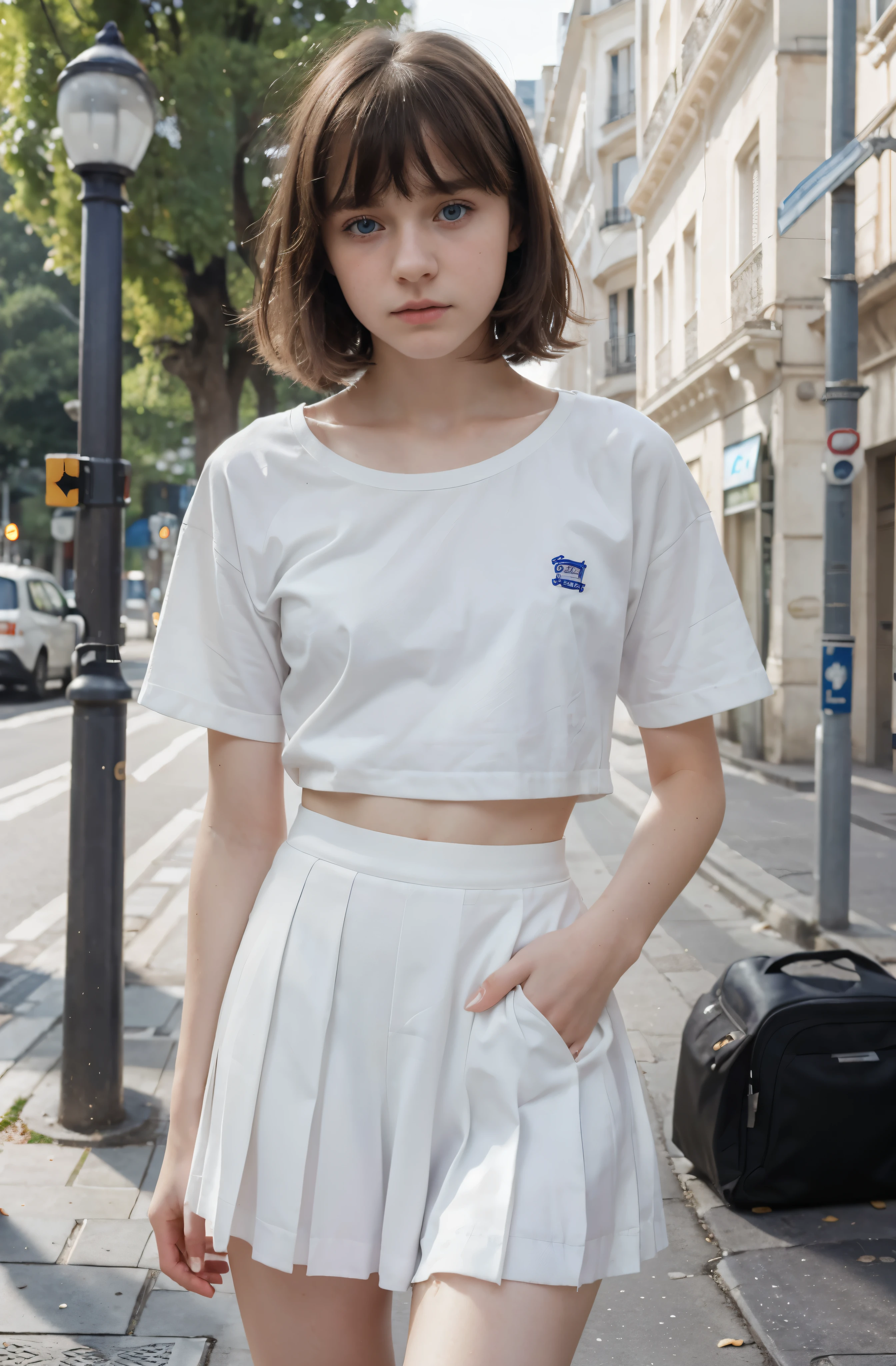 (Mejor calidad,hyper realistic,ultra detallado,8K), adolescente, , shy, sad, palidez, grandes ojos azules, piel muy blanca, small nose, short brown hair with bangs, melancholia, delicado, femenino, flaco, uniforme escolar elegante, bulevar, Paris.