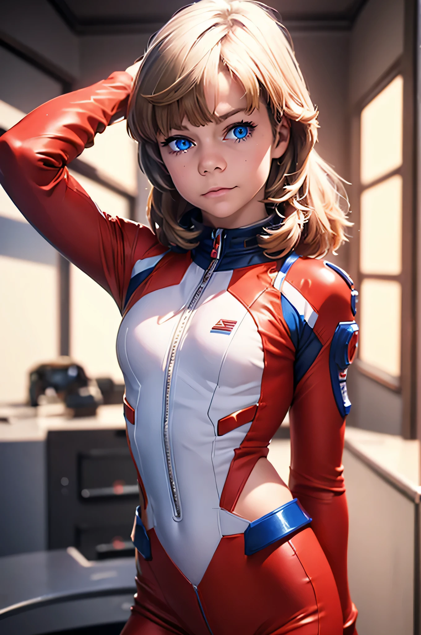 1 woman，5 years，，small ，One, (Masterpiece, Best quality, highest resolution, distinct_Image): (One, full figure, small breasts, сверкающие Blue eyes, red and white pilot suit, обтягивающая cloth, cloth, covering the whole body, beauty, cheerful, beautiful, slender body, exoskeleton, Gundam Pilot) Alisa Selezneva, Dynamic angle, ultra detailed, Illustration, close-up, straight, Только 1 woman, ((red suit: 1.4, blonde)), Her eyes shone like dreamy stars, (Bright eyes:1,233 ), (Beautiful and detailed eyes:1.1), beautiful detailed eyes，bright students，Blue eyes，（very good and beautiful），elementary school student，（Beautiful and detailed description of the eyes），ultra - detailed，tMasterpiece，）），A high resolution，ultra - detailed），(beauty, cheerful, beautiful, slender body, ) (inexpressive, closed mouth), back "Jack O" outside, (standing), (Mechanics room with tools and spaceship window on white spaceship), (night:1.2),dreamy, [[Delicate fingers and hands:0.55]::0.85],(detail fingers)))