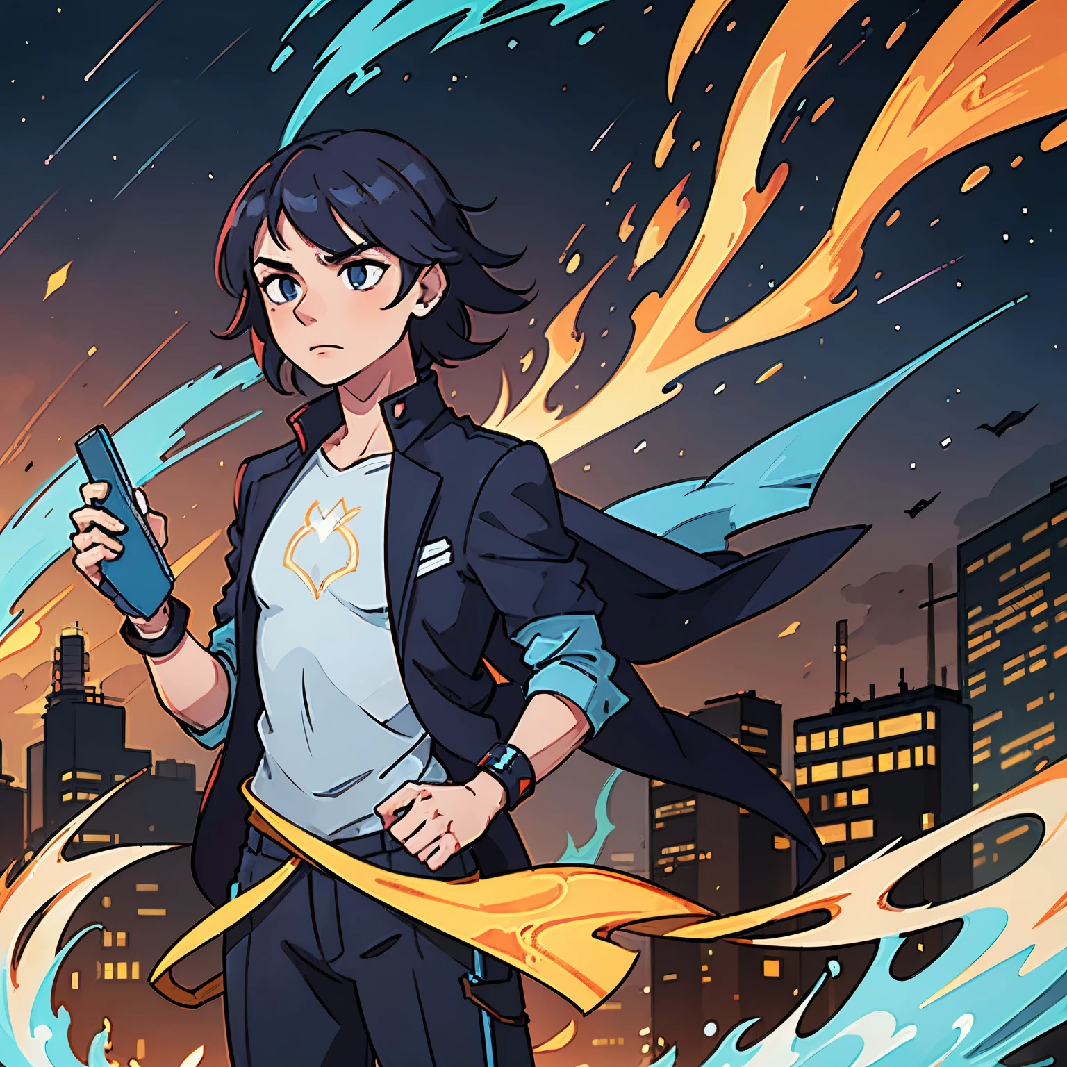 A dynamic image of Infinix, a young man clad in a sleek blue suit with electric energy crackling around him. He stands heroically against a backdrop of the bustling Crimson City skyline, with the power plant smoke plume in the distance