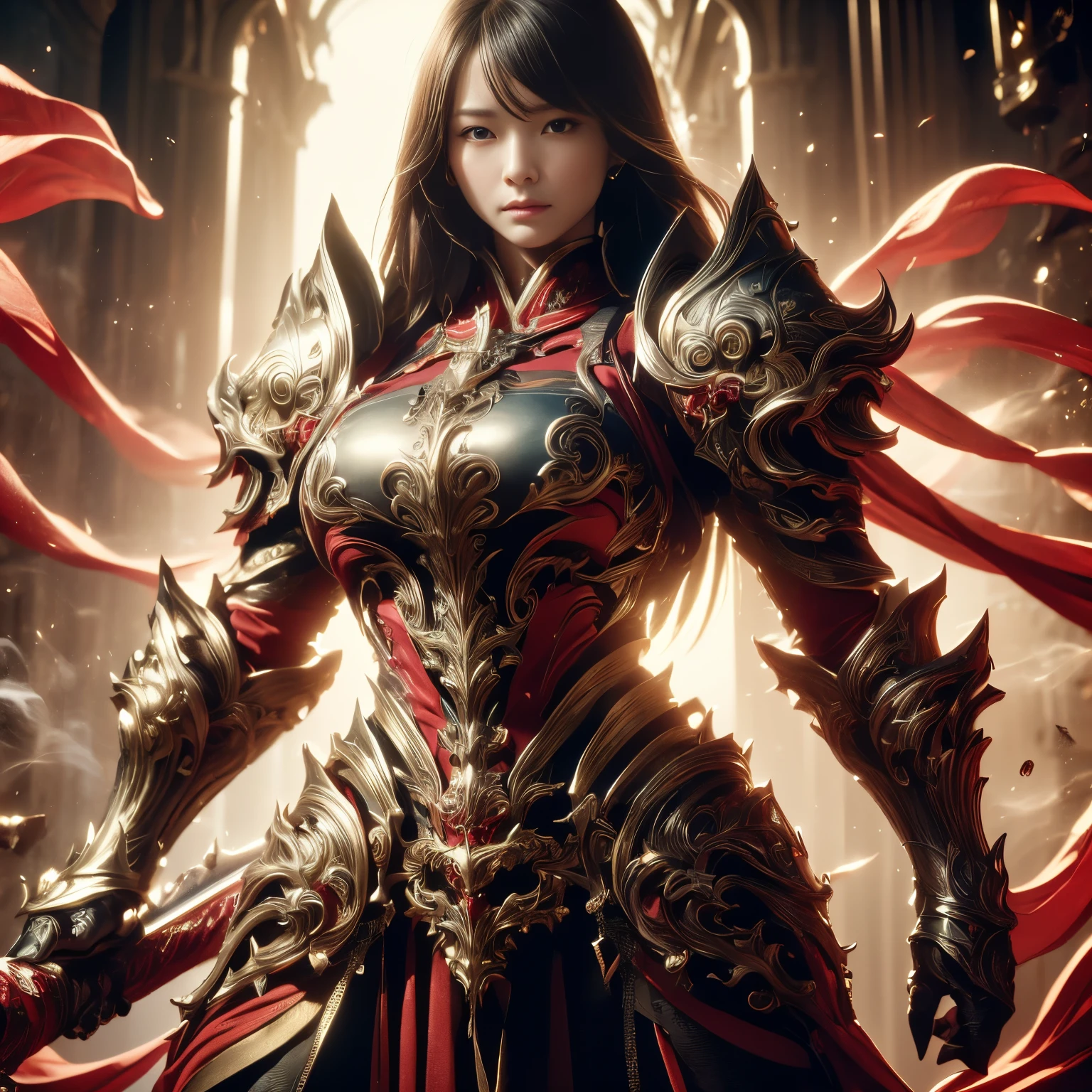 (((Realistic, masterpiece, best quality, crisp detail, high definition, high detail, sharp focus, perfect studio lightning, rich color, rich detail))), chinese girl, wearing heavy golden armor, chinese style armor, full body armor, full decorated armor, long straight hair, ideal body, big breast, dirty, sweating, bloodstained face, blood scattered armor, showing long blood scattered sword, an epic war, fire everywhere, smoke everywhere, blood everywhere, death everywhere, sorrounded by enemies, japan edo period, brutal war background, war path, war zone, battle ground