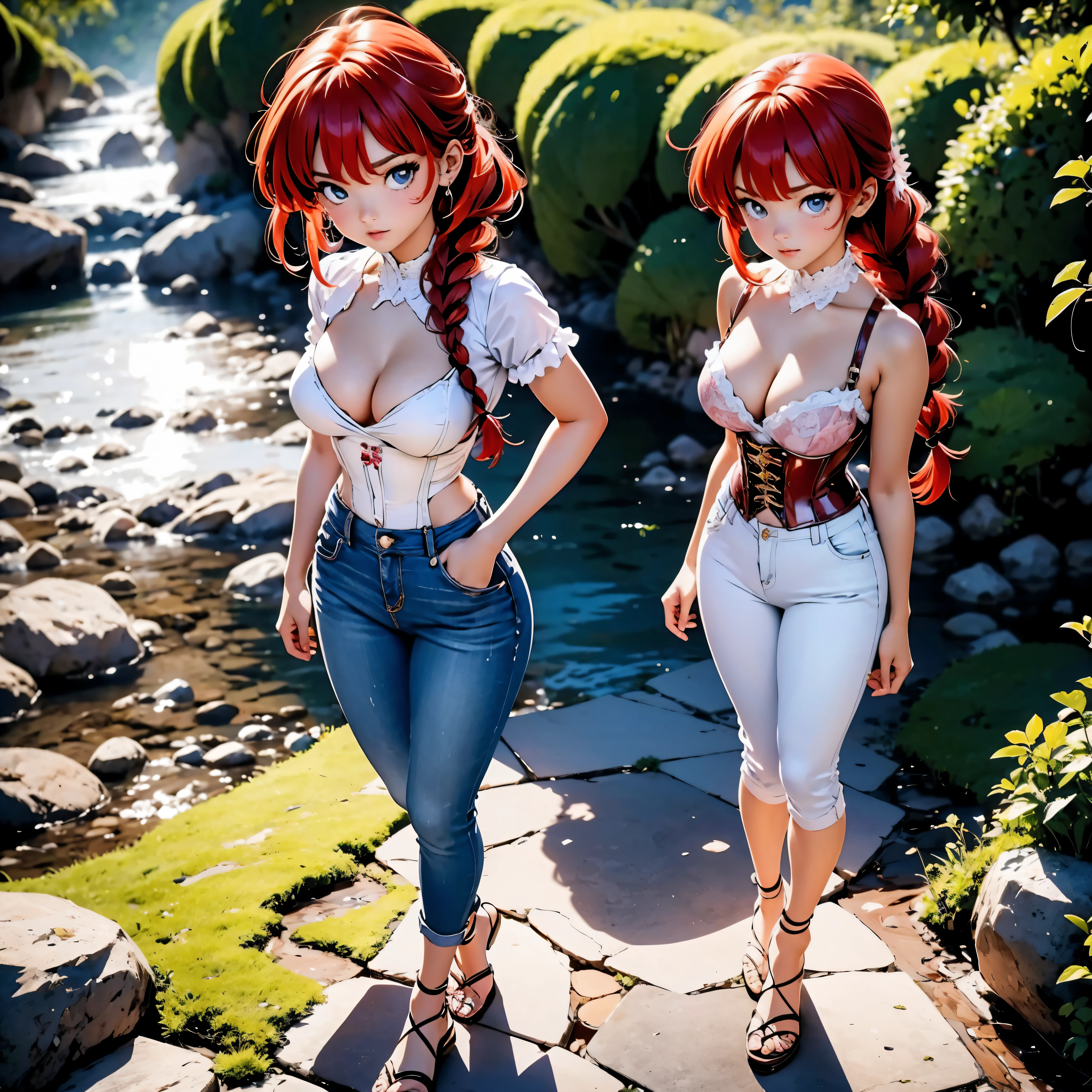 Garota Ruiva de anime em bermuda jeans e corset pink, saia, , corpo bonito, seios grandes, com as hands on chest, hands on chest, Garota sexy, red hair with braid, mechas de cabelo laterais, mechas de cabelo na lateral do rosto, beautiful lighting, sombras suaves, olhos azuis, pernas bonitas, hair with braid, estilo anime, Ranma Chan, Autora Rumiko Takahashi, Baseado em obra de Rumiko Takahashi, Anime Ranma 1/ 2, decote sexy, quadril robusto, corpo inteiro, corpo inteiro, busto grande, garota jovem com corpo belo e bonito, sandals on his feet, garota 16 anosbaixa estatura, vestindo short jeans e corset pink, garota anime, estilo anime, beautiful feet in sandals, 45° viewing angle, ao ar livre, hair braid vermelho, grande , peito grande, hair braid, hentai