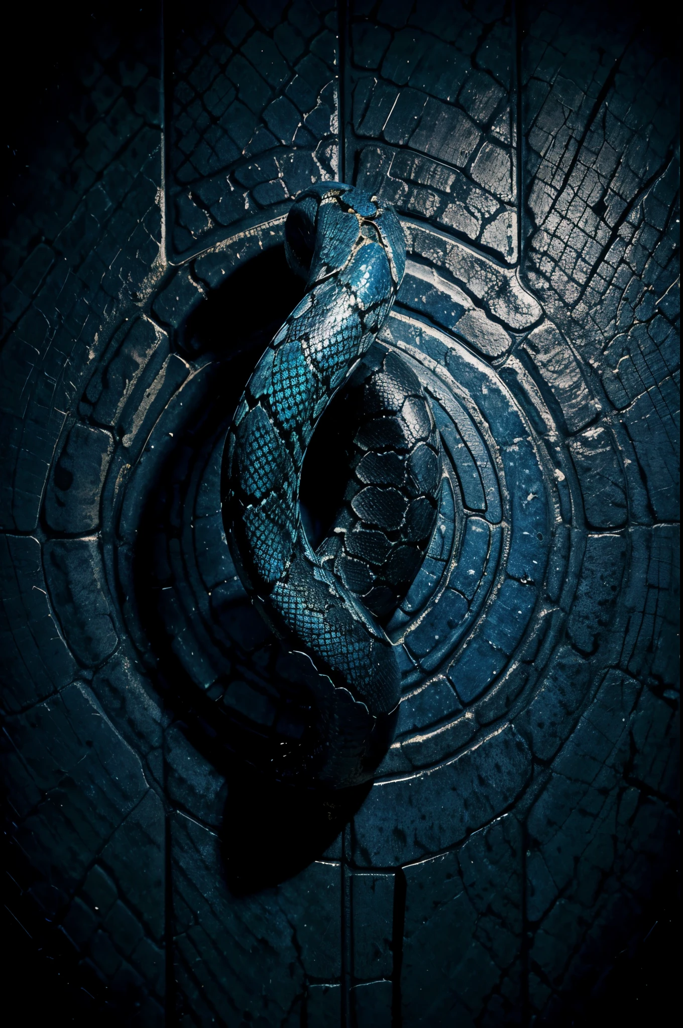 Snake skin texture illustration in blue color, blue and black tones, symbolizes aspiration, struggle, dynamics, movement, beauty, strength