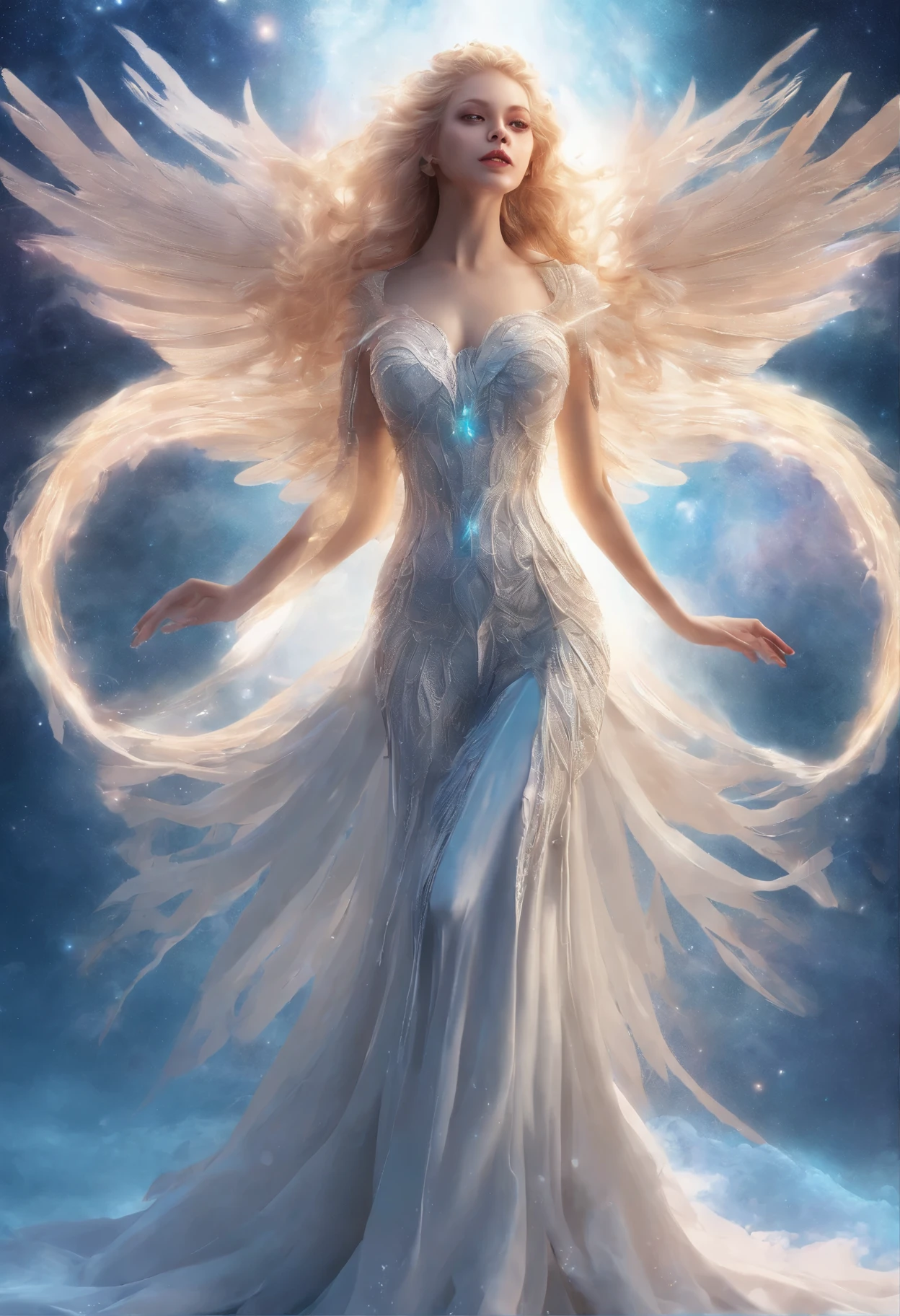 Mountain peaks in snow. A beautiful nude angel girl stands gracefully with her slender figure, her white skin glowing under the soft, natural light. Her long blonde hair flutters in the wind. Her blue eyes are filled with a gentle gaze, and her thin lips curve in an exquisite smile. The translucent skin on her wings shimmers as they open wide, exposing intricate details and veins. Her beautiful fingers gently uncurl, emphasizing the grace of her wingspan. Her legs, equally beautiful and taut, are slightly bent at the knees, giving an angelic pose.

This masterpiece is presented in a photorealistic style with ultra-high detail, shot in crisp 4K resolution and high dynamic range that