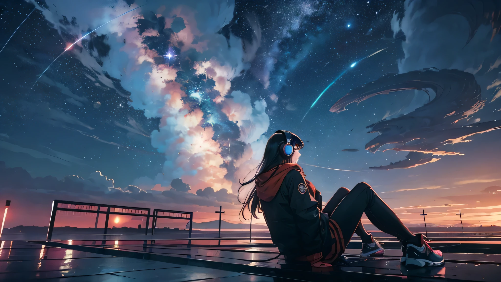 octane rating, null, star (null), scenery, starry null, night, 1 girl, night null, alone, outdoors, building, cloud, milky way, sitting, wood, long hair, city, silhouette, cityscape,wear headphones,流れstar