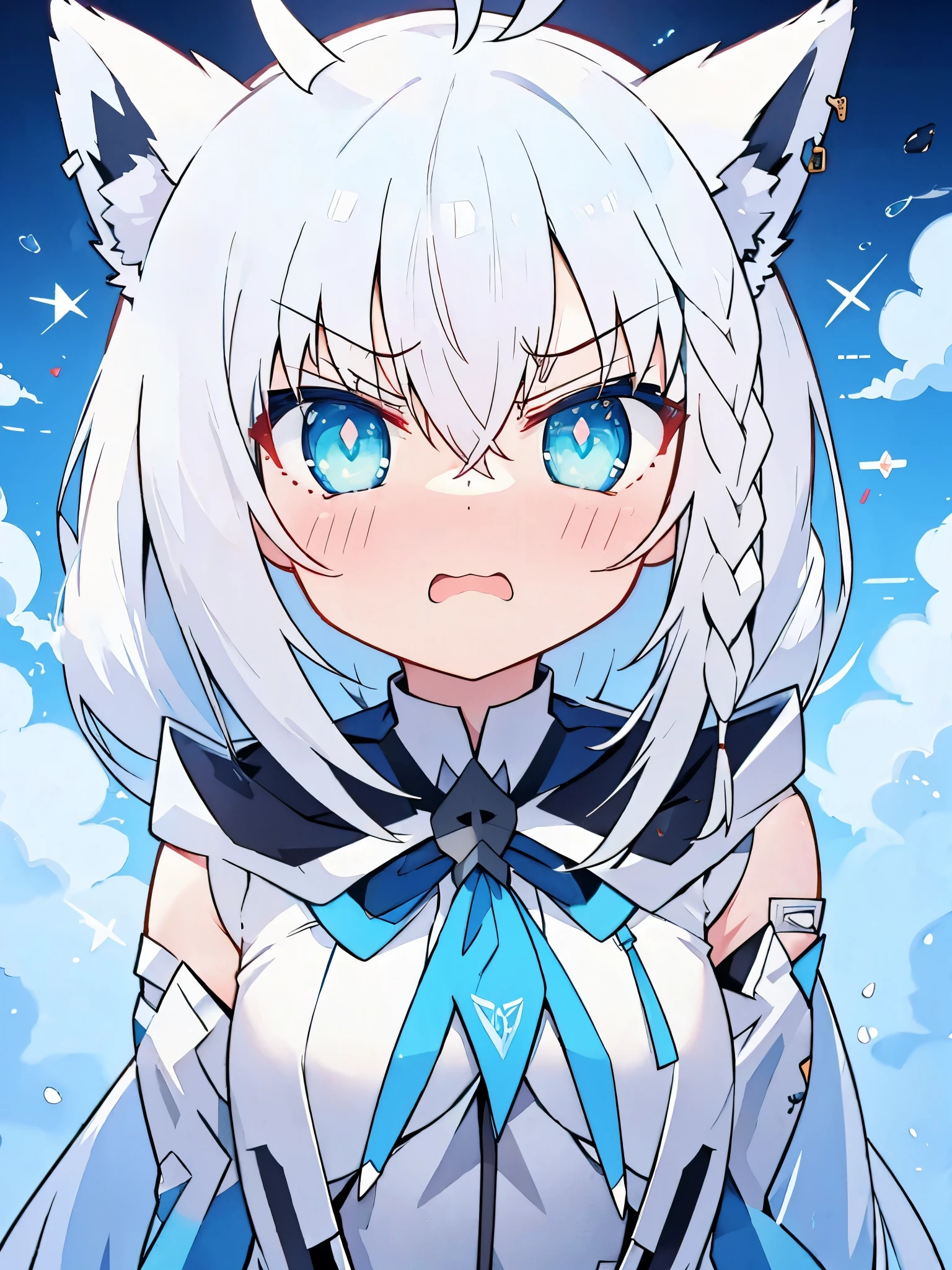 Shirakami fubuki, ho****ve, white hair, cyan eyes, blush , ((angry face)), beautiful eyes, detailed eyes, 4k, masterpiece, upper body, side angle, colorful, medium breasts, cute face,