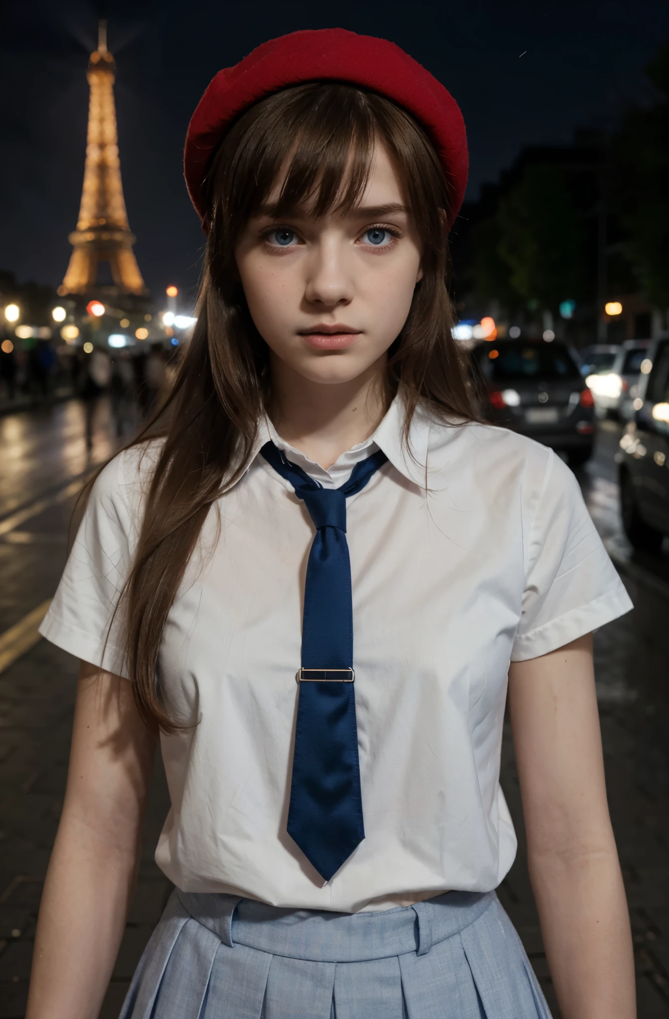 (best quality,hyper-realistic,ultra-detailed,8k), teenager, , shy, sad, paleness, big blue eyes, very white skin, small nose, short brown hair with bangs, melancholy, delicate, feminine, skinny, elegant school uniform, red french Beret, night street, Eiffel tower, city lights, blue tie, red short shirt.