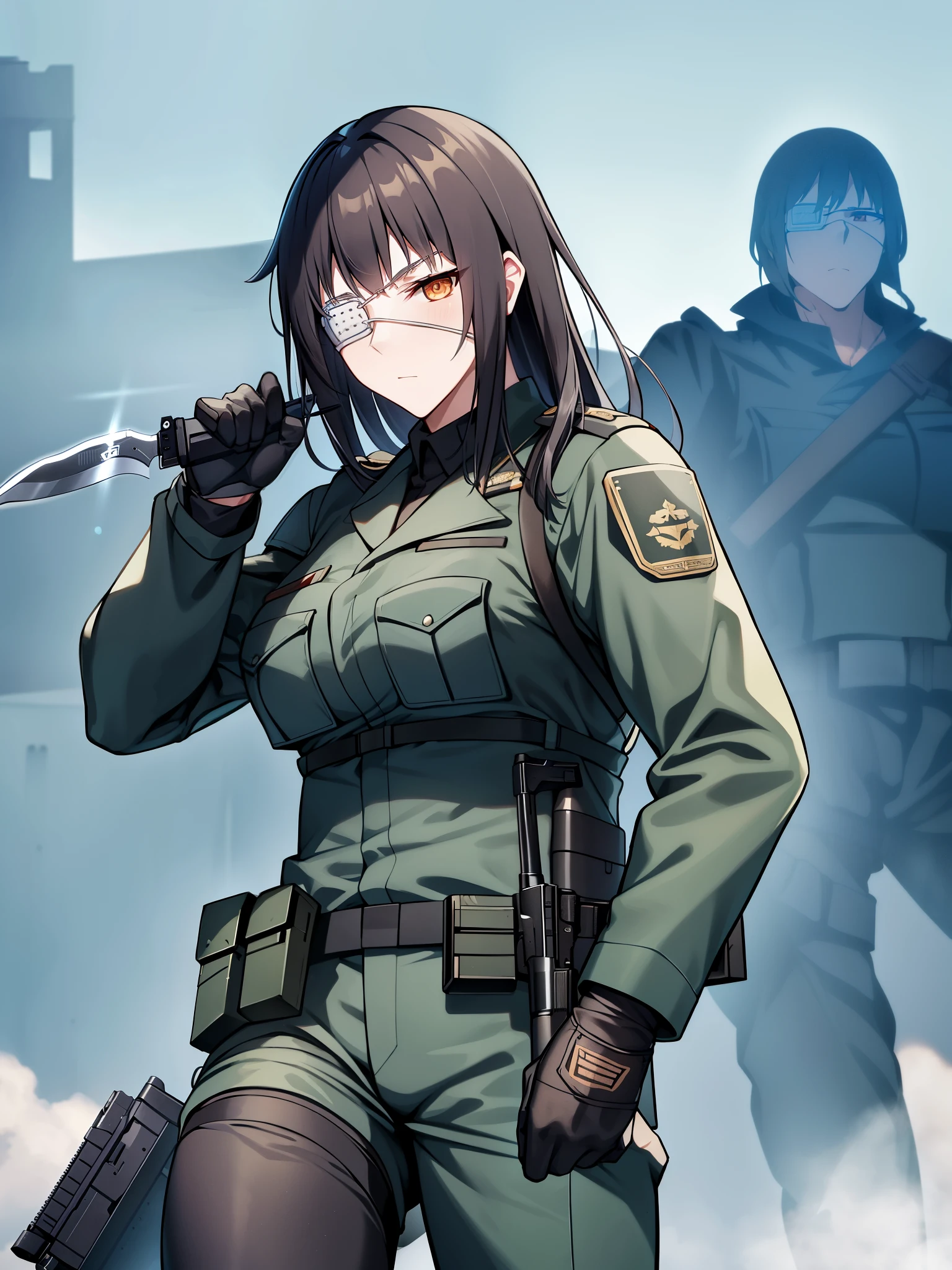 Jormungand、sophia velmer、Finn、military family、Major、right eye patch、From his left shoulder to his shoulder blade, he has a tattoo of wings and a hand holding a knife.、（（（muscular big breasted mature woman）））+++、（（（muscular big breasted mature woman）））+++、With semi-long black hair、He wears a medical eyepatch over his right eye due to an injury sustained in a past battle.。Close combat with a knife、Finnish Defense Force Rapid Deployment Force(FRDF)- Belongs to the Mechanized Hunting Corps、double pistol with bayonet、Blushing and nosebleed、The battle is mostly a knife fight.。Mainly Ontario Mk.3（so-called mark 3 knife）are using。glock 17、Steer AUG A1、Firearms such as the Minimi light machine gun are also used.。