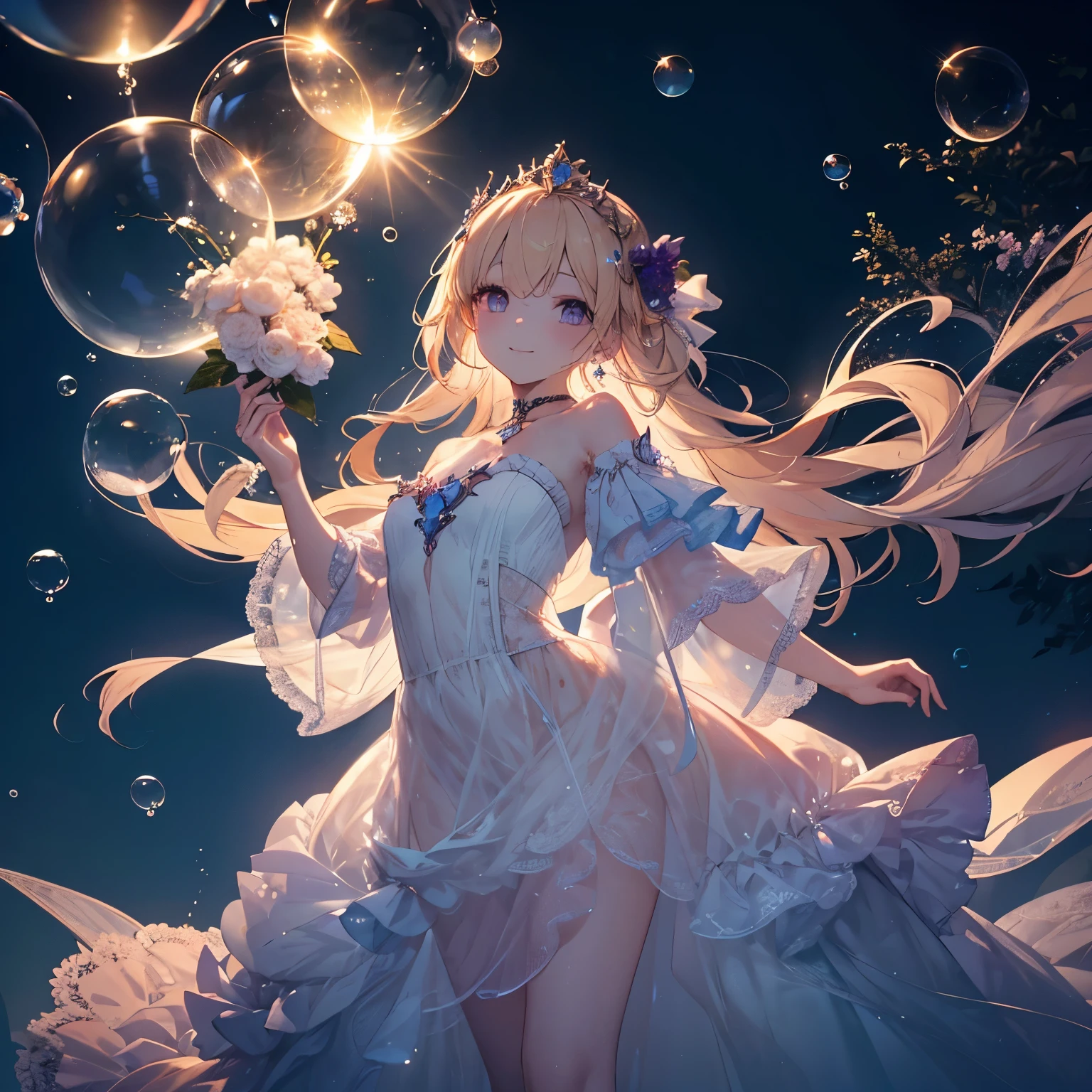 Anime girl in white dress holding a bunch of bubbles - SeaArt AI