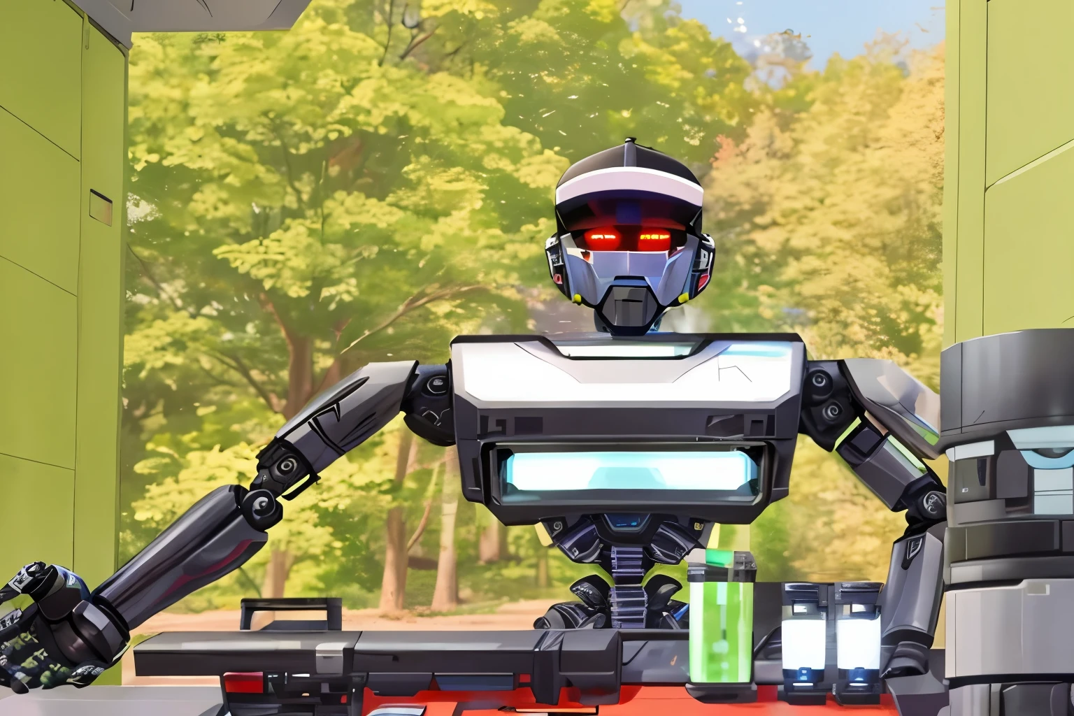 arafed robot with a baseball cap on a truck, a teen black cyborg, with robotic parts on his face, part robot and part black human, the robot has a fishing rod, robot with human face, integrated synthetic android, with robotic arms, the most advanced humanoid robot, ( ( robot cyborgs ) ), with a robotic arm, a robot