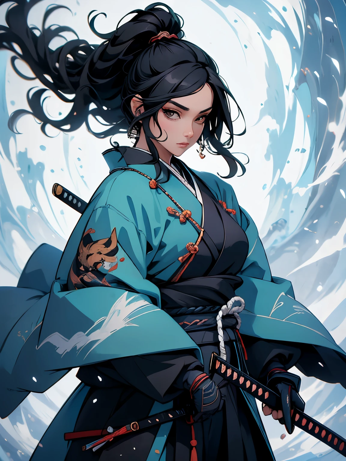 ((masterpiece)),  (high quality), 1woman, a drawing of a woman in a revealing kimono outfit holding a sword, she has long black hair, she is holding a katana sword, female samurai, inspired by Tōshūsai Sharaku, katana zero video game character, inspired by Nishikawa Sukenobu, inspired by Maki Haku, fox nobushi holding a naginata, black - haired mage