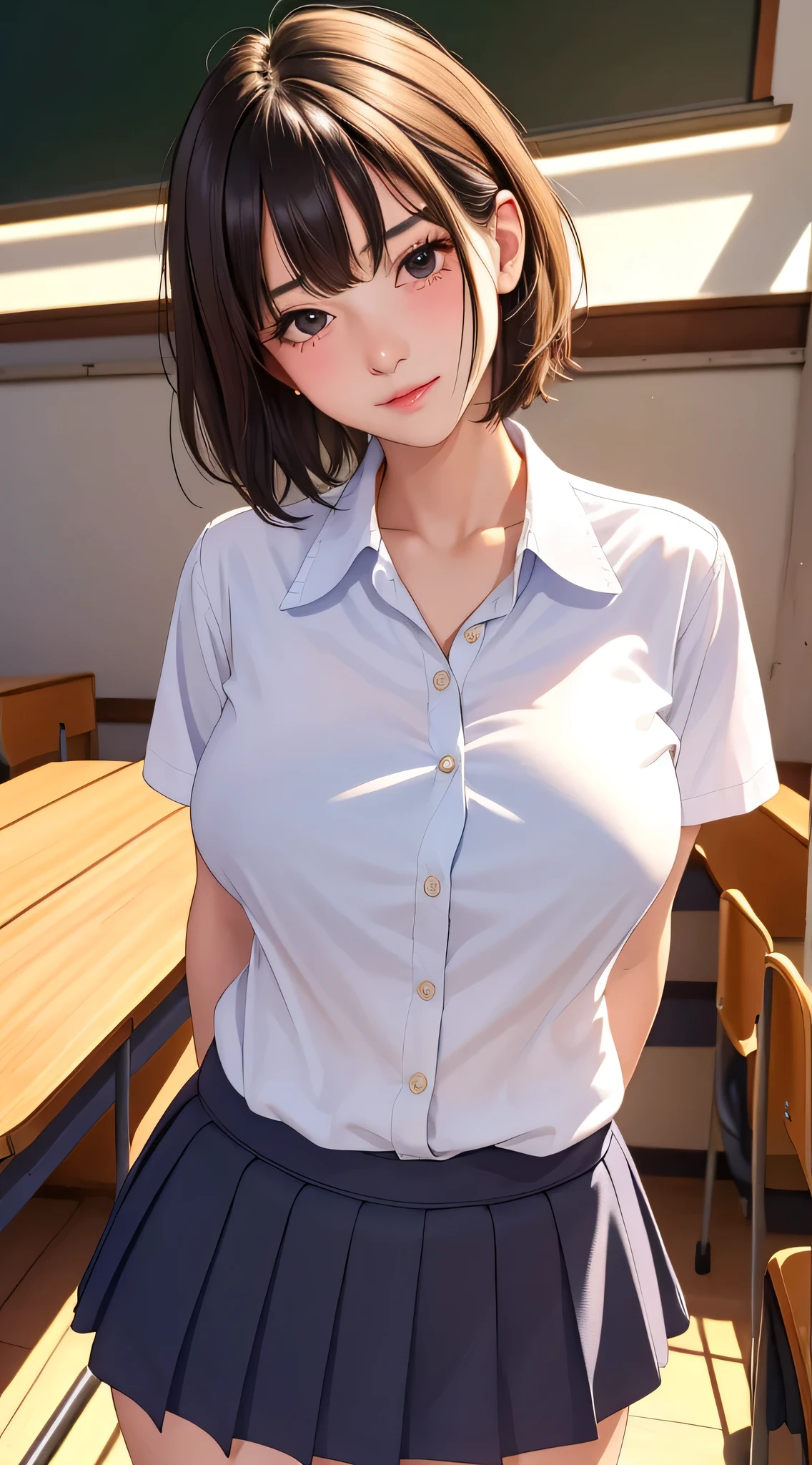 (masterpiece,最high quality,high quality,super detailed,very detailed,ultra high resolution,best aesthetics,8k),(cowboy shot),(beautiful girl,pretty girl,teenage),(beautiful black eyes,black hair,very short hair),(blush your nose),(turn your arms behind your back),(saggy breasts,big areola),(nude,chest comes out),(summer clothes),(school classroom)