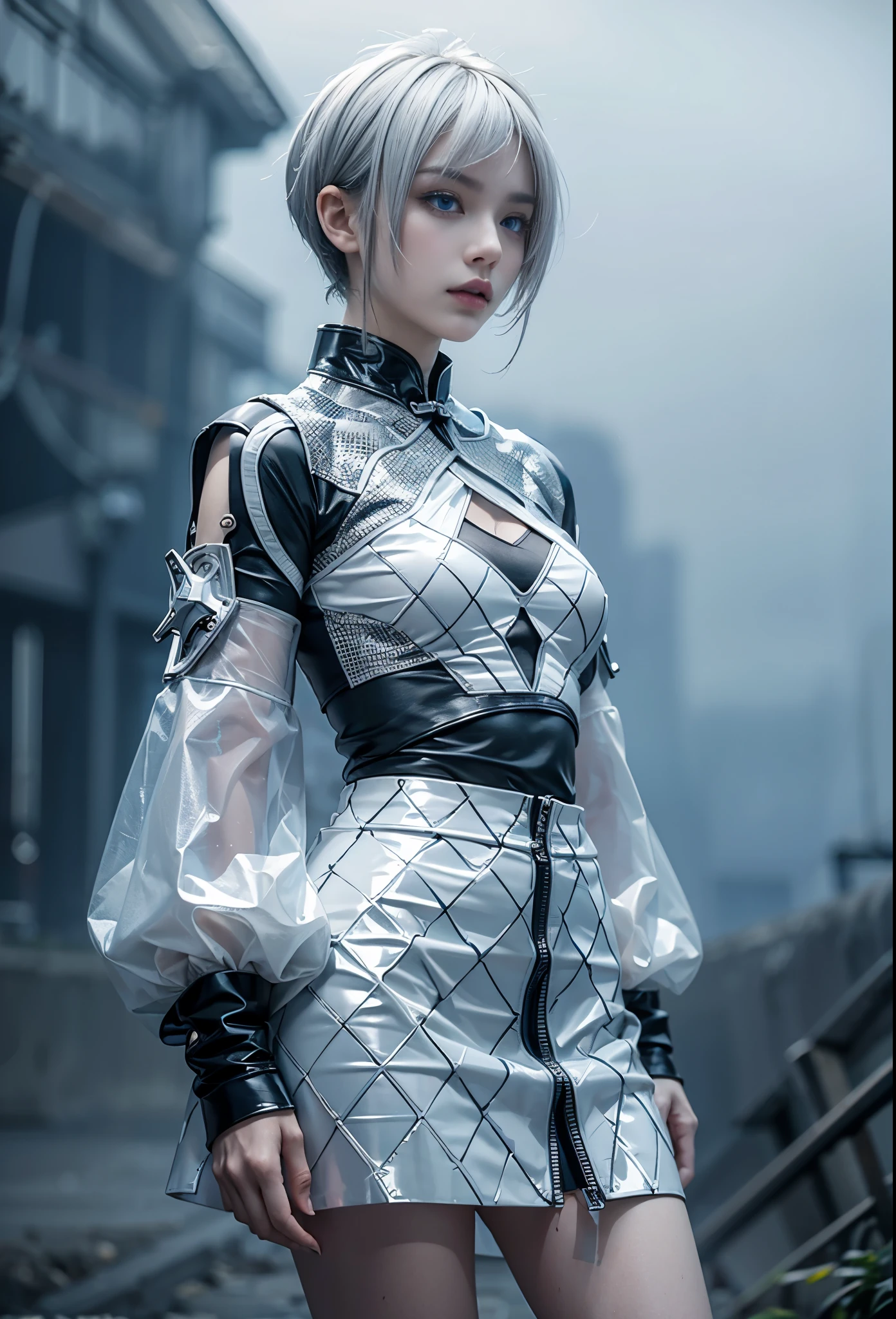 ultra detailed, beautiful, masterpiece, best quality, _ BREAK Beautiful and cute perfect model, Tightened all body, medium Breasts, _ BREAK (short hair, _ BREAK Perfect geometric art background, Fog, mist, _ BREAK (all body shot, standing and Abstract pose:1.6), BREAK (Cyber punk chinese dress, balloon Sleeves:1.3), (white theme:1.3), (mandarin collar:1.2), (intricate patchwork of latex and leather:1.2), (triangular silhouette skirt:1.2),(gray hair, blue eyes:1.4), (fog and mist Blurred background, Perfect and beautiful concrete background:1.4),